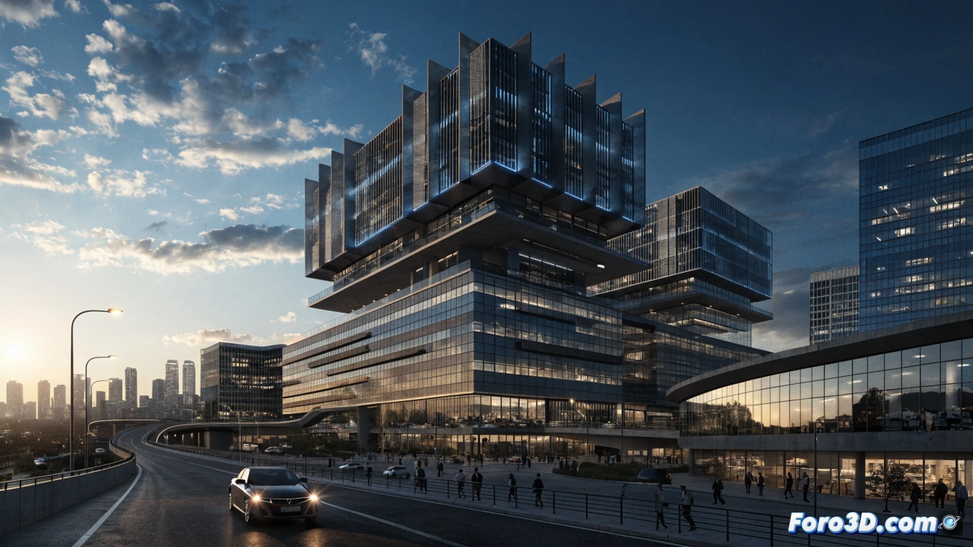 modern glass-and-steel administrative building with moving boxes and office furniture being unloaded from a white van, city workers in blue uniforms carrying monitors and filing cabinets through automatic glass doors, a mayor figure in a dark suit watching from the entrance while pointing at a tablet showing a digital floor plan, clean minimalist plaza with geometric paving, sunlight reflecting off the facade, photorealistic architectural visualization, cinematic composition with deep shadows and bright highlights, detailed urban infrastructure, moving process during the relocation, realistic human figures, crisp technical details on the building structure and equipment