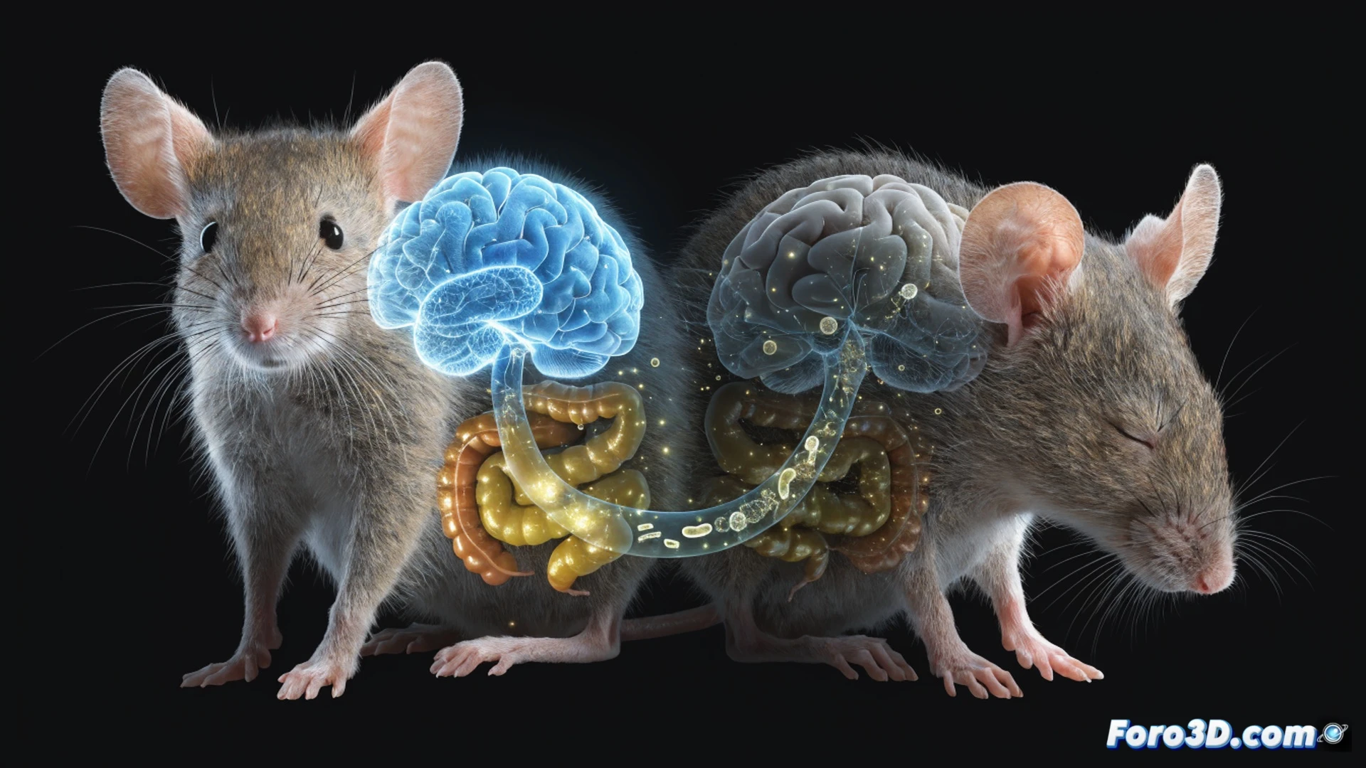 A glowing microbial transfer process between two stylized mouse silhouettes, one young with vibrant gut bacteria, one old with dim microbes, plastic brain synapses reconnecting during the procedure, laboratory petri dishes and pipettes visible, soft bioluminescent blue and green particles flowing through a translucent digestive tract, cinematic scientific visualization, high-contrast medical lighting, hyper-detailed cellular structures, photorealistic technical illustration