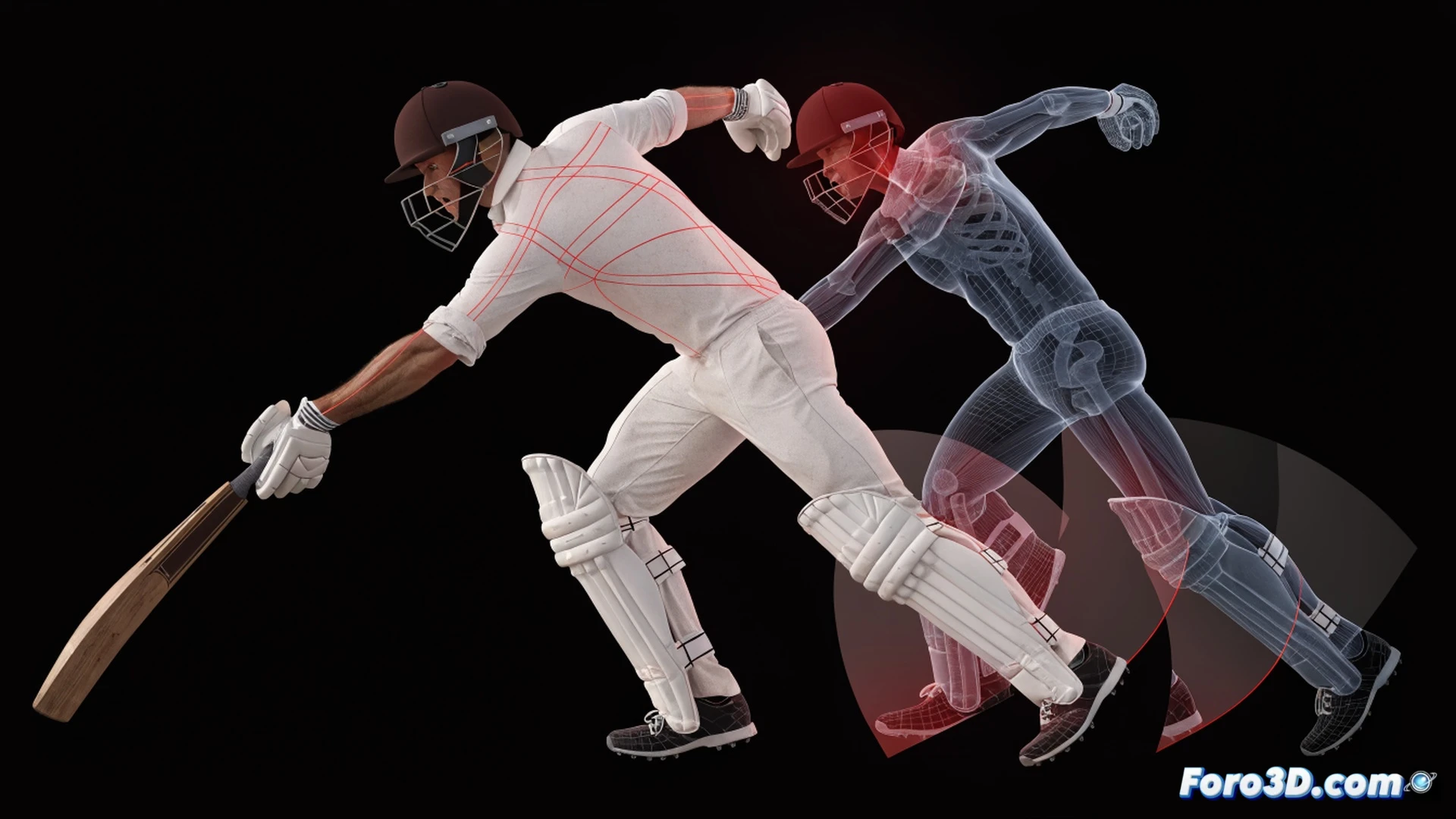 cricket batter Travis Head mid-swing in biomechanical 3D motion capture studio, full-body skeleton wireframe overlaid on his real body, red force arrows showing weight transfer from back foot to front foot, blue trajectory lines tracing bat arc through impact zone, high-speed camera rigs surrounding the scene, motion tracking markers on his shoulders and hips, photorealistic technical visualization, stadium background blurred, dramatic spotlight on his torso, ultra-detailed muscle tension visible, cinematic engineering render