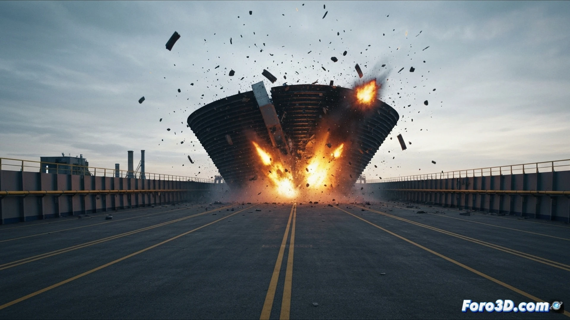explosion de caldera industrial, tapa metálica voladora atravesando dos naves, fragmento en trayectoria balística, drones con láser escáner capturando geometría del impacto en tiempo real, equipo forense analizando agujeros en paredes, líneas de trayectoria 3D reconstruidas con software de cálculo inverso, presión interna visualizada como ondas de choque, estilo cinematic technical illustration, iluminación industrial dramática, metales retorcidos, polvo suspendido, photorealistic engineering visualization, alta definición