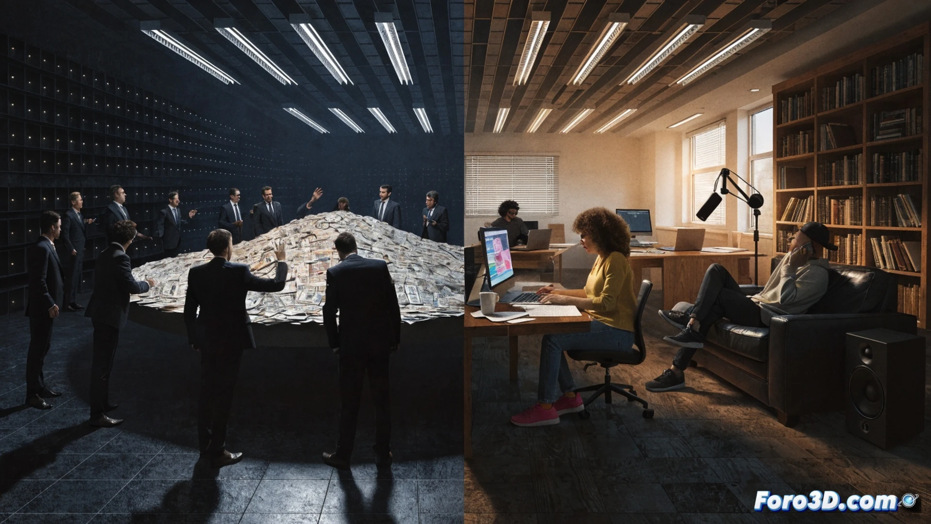 photorealistic wide shot of a government office meeting room, a transparent glass piggy bank filled with euro coins and hundred euro bills sits on a polished table, a laptop screen showing a blurred spreadsheet titled budget allocation, a hand holding a smartphone displaying a video call with a blurred remote worker in a home office, shadows of politicians shaking hands cast on a wall behind a frosted glass partition labeled transparency, cinematic lighting with cold blue tones and warm desk lamp, hyper-detailed textures of leather chairs and wood grain, technical illustration style emphasizing hidden financial flows and surveillance gaps, dramatic contrast between open digital workspace and closed-door negotiation