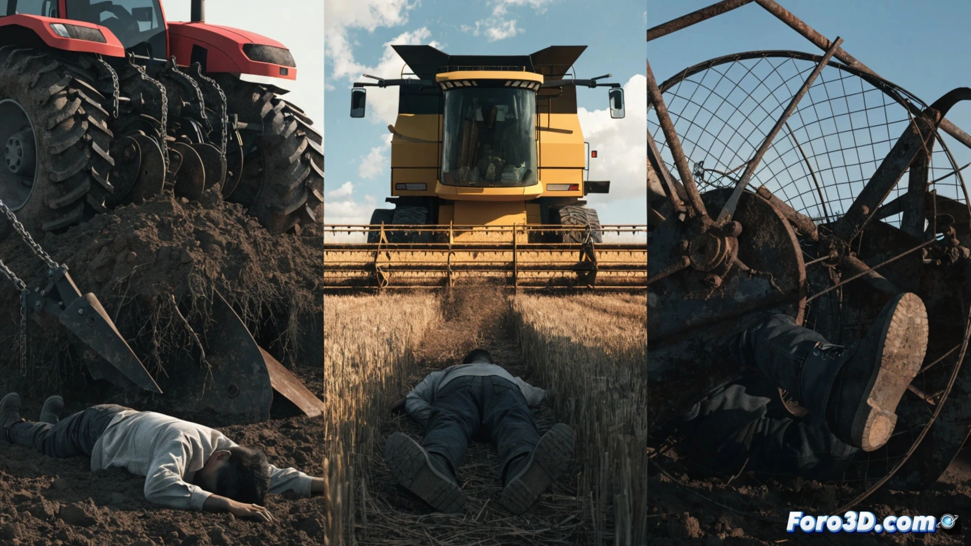 Campo de Castilla-La Mancha al atardecer, tractor volcado sobre un trabajador atrapado entre el enganche del remolque y el eje trasero, cadena de transmisión rota con grasa y polvo visibles, piezas metálicas deformadas sobre la tierra seca, hierba pisoteada alrededor, botas de trabajo caídas cerca del neumático, engranaje dentado detenido en medio de la acción, luz dorada baja creando sombras alargadas, polvo suspendido en el aire, estilo cinematográfico fotorrealista, textura rugosa del metal oxidado, detalles hiperrealistas en la mecánica agrícola, composición dramática con profundidad de campo.
