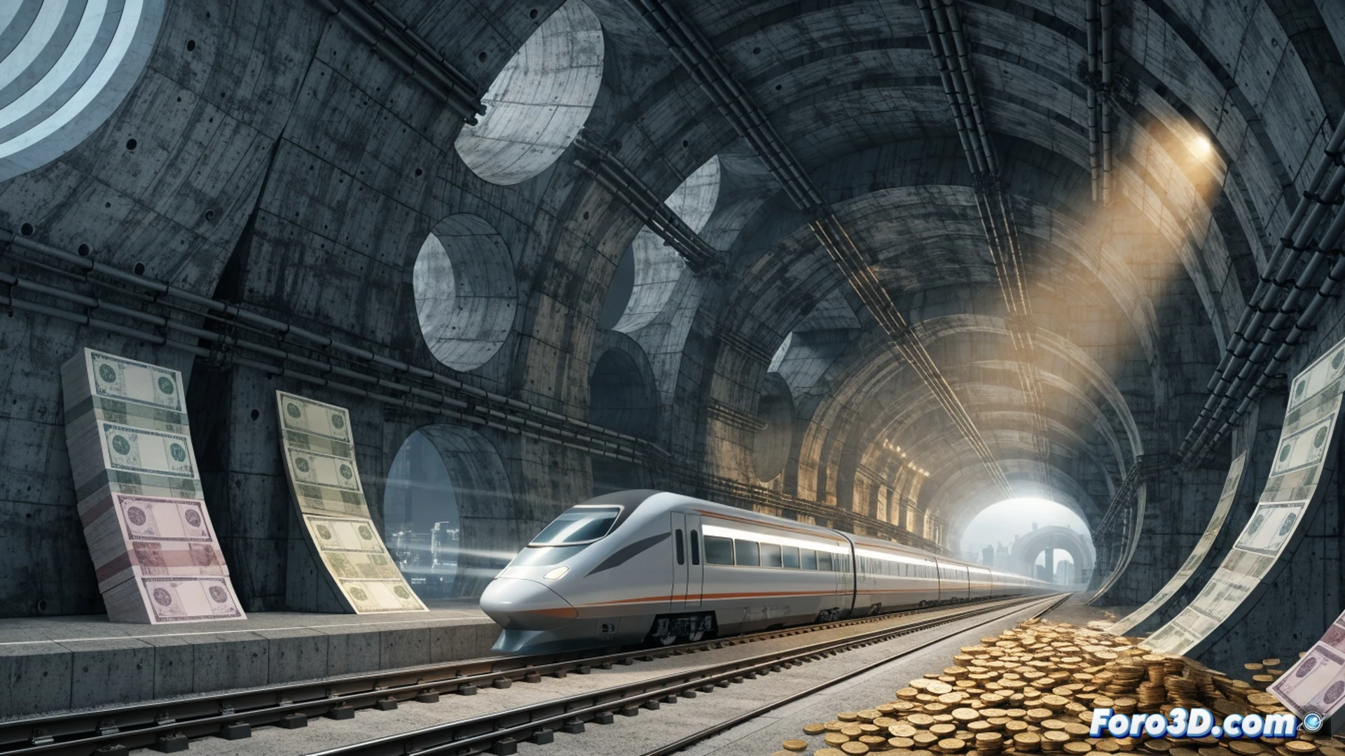 Hokuriku Shinkansen extension route map being analyzed by engineers, glowing financial documents with massive yen figures cascading down, multiple railway line options diverging from a central junction, each path labeled with floating cost projections, workers examining construction blueprints near a stalled train, tension visible in their posture, cinematic engineering visualization, metallic train body reflecting overhead lights, shadowy government building silhouette in background, photorealistic technical illustration, dramatic chiaroscuro lighting, ultra-detailed track infrastructure, digital cost overlay with glowing red warning indicators