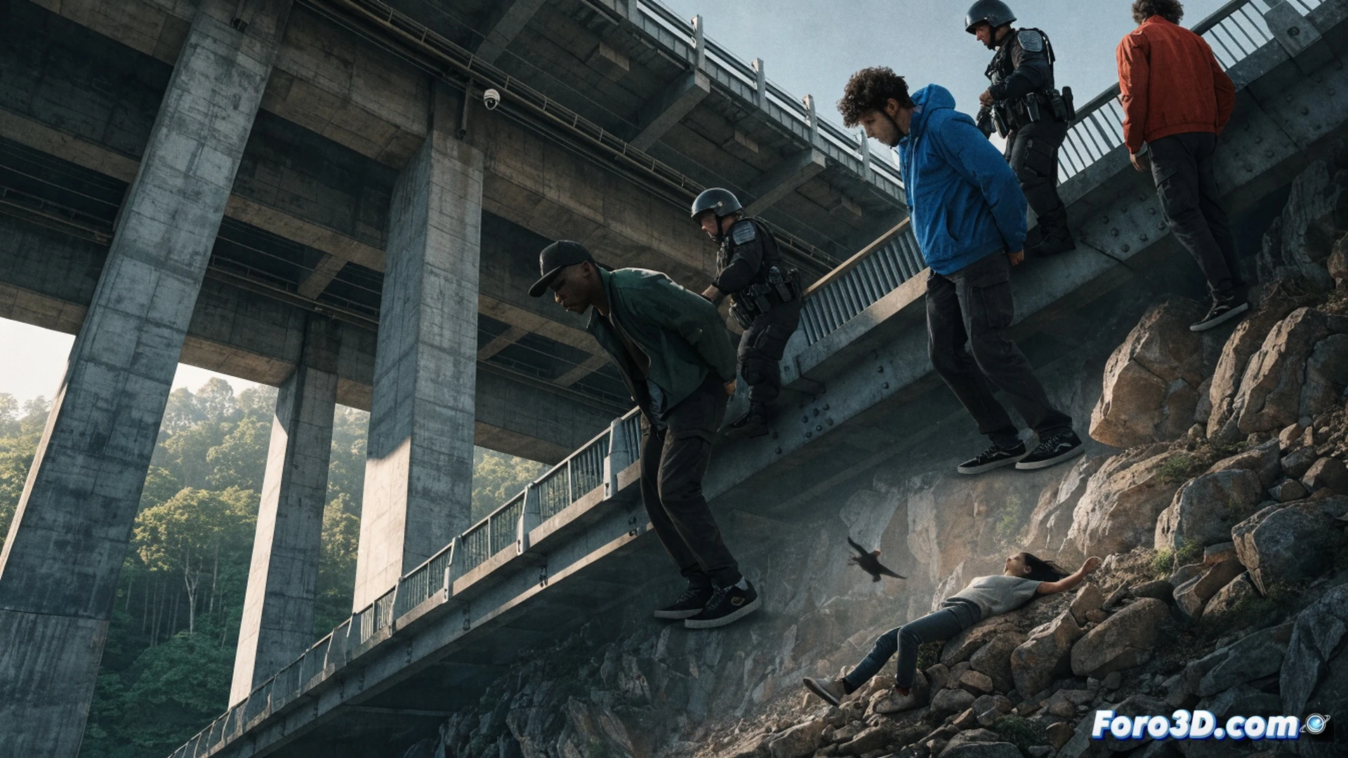 Accident scene at a high bridge, a young woman falling through empty air from a 40-meter concrete bridge, three workers in reflective vests looking down from the railing in shock, a detached climbing rope and empty harness lying on the bridge deck, safety equipment scattered, cinematic photorealistic style, dramatic vertical perspective, overcast sky, wide-angle lens emphasizing height, motion blur on falling figure, tragic moment frozen in time, ultra-detailed textures of concrete and metal railing, realistic human figures, forensic technical illustration