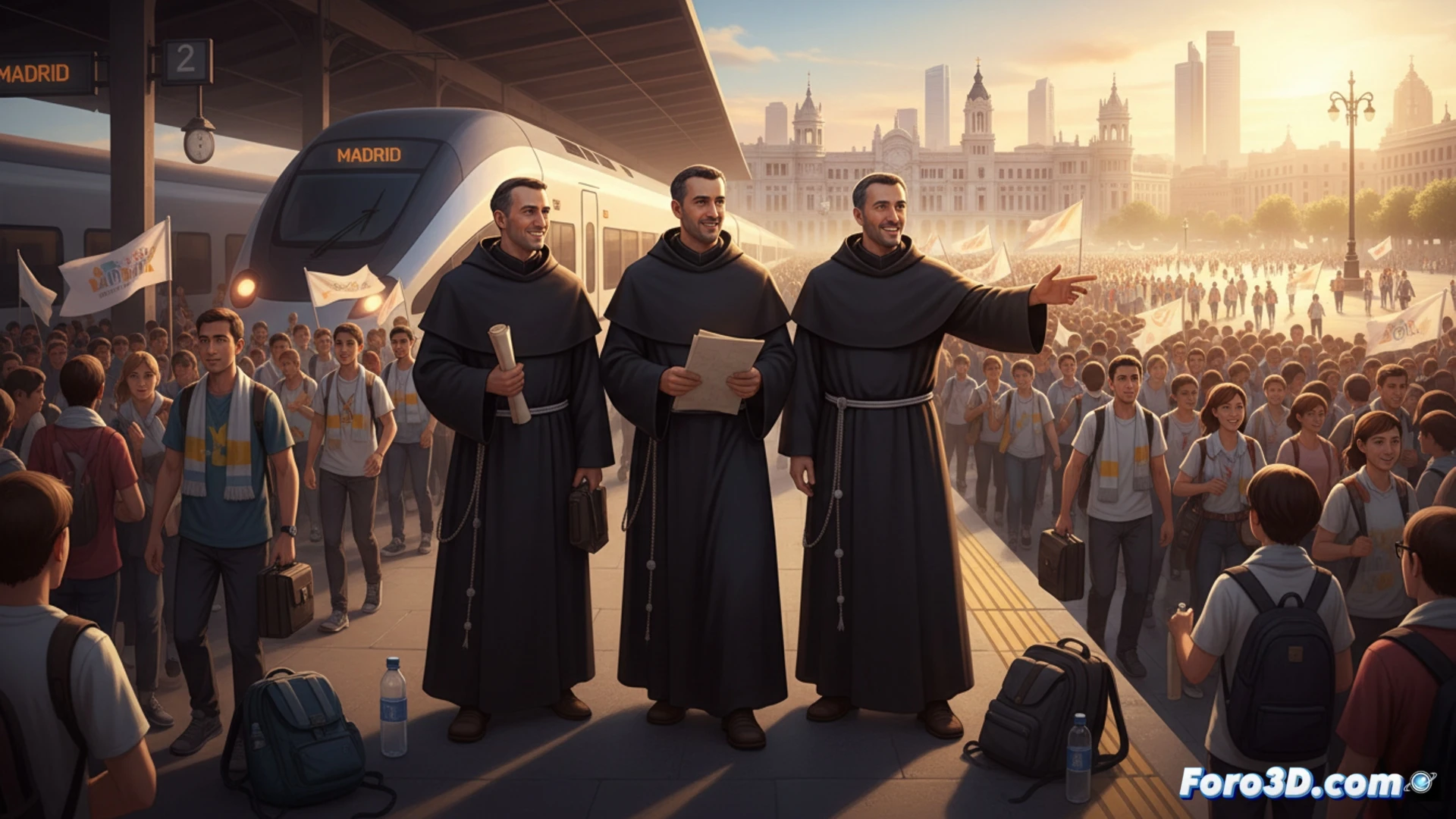 Three Agustinian priests from Zaragoza walking through crowded Madrid streets toward Cibeles square, holding liturgical vestments and a GPS device showing route, massive crowd of pilgrims with backpacks and sleeping bags in background, during the World Youth Day vigil preparations, cinematic photorealistic style, golden sunset lighting casting long shadows, warm tones, thousands of people forming a sea of movement, papal flags waving, urban architecture framing the scene, detailed textures on priest robes, emotional expressions of faith and exhaustion, wide-angle lens perspective, high contrast dramatic atmosphere, ultra-realistic crowd rendering