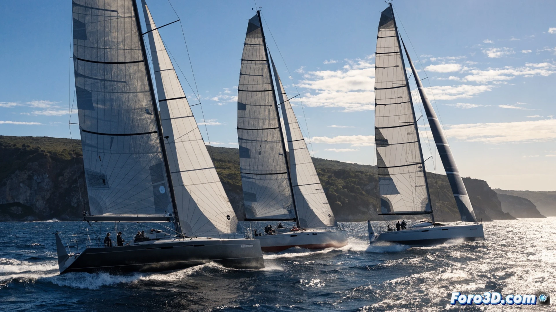 three racing sailboats in ORC 0 class powering through choppy Atlantic swells off Sanxenxo coast, carbon fiber hulls heeling sharply under full spinnaker, crew in high-performance foul weather gear trimming hydraulic winches and grinding pedestals, masthead wind instruments and foil sensors glowing with telemetry data, bow slicing through white foam, aerial drone perspective capturing tactical overlap between lead boats, cinematic photorealistic sailing visualization, dramatic golden hour sunlight reflecting off wet decks, motion blur on churning wake, ultra-detailed rigging and composite sail textures, competitive tension frozen in action