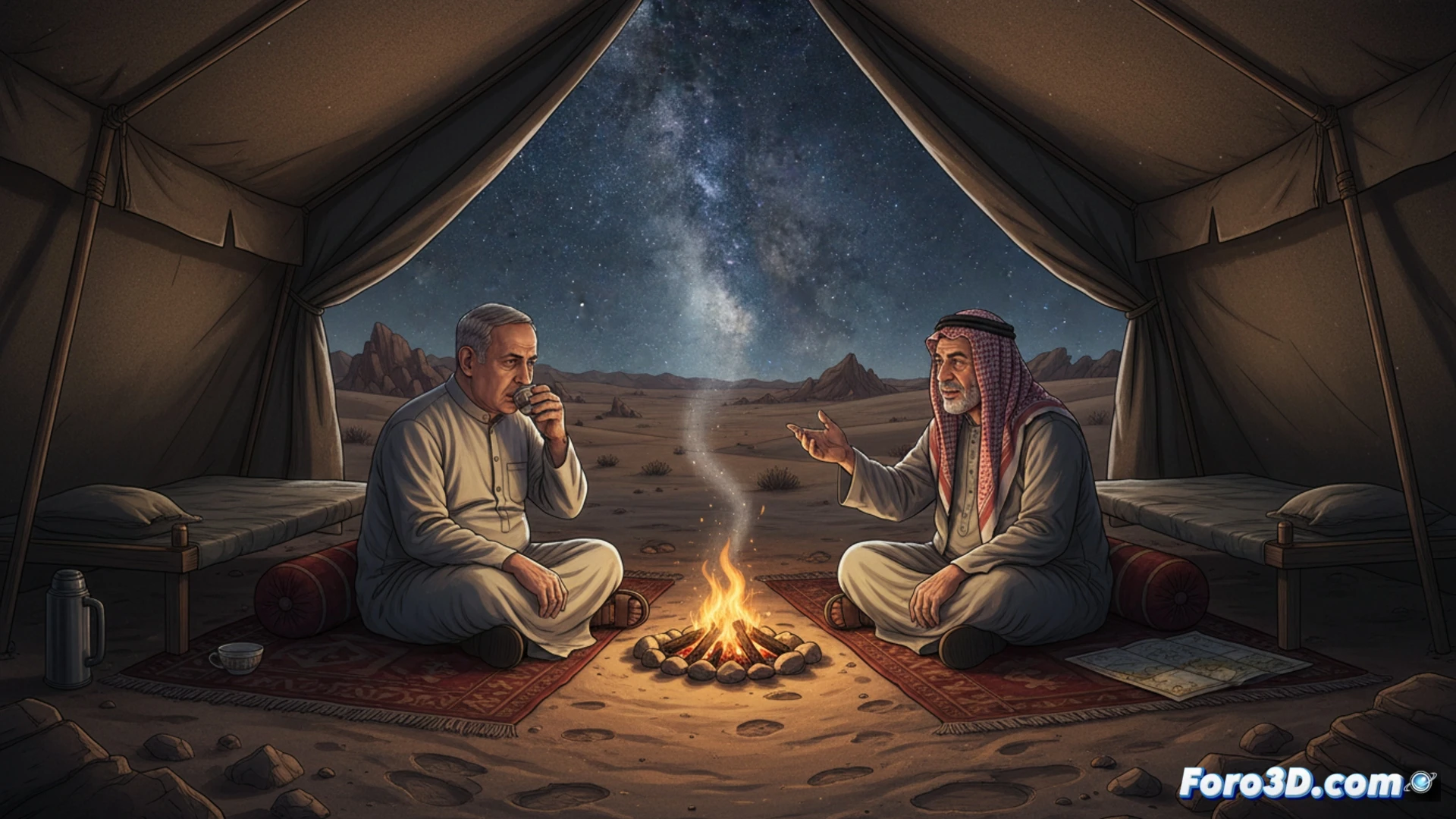 Dos hombres de traje, sin séquito, caminan bajo un cielo estrellado junto a tiendas beduinas en el desierto del Néguev, donde el silencio y la arena unen narrativas de dolor.