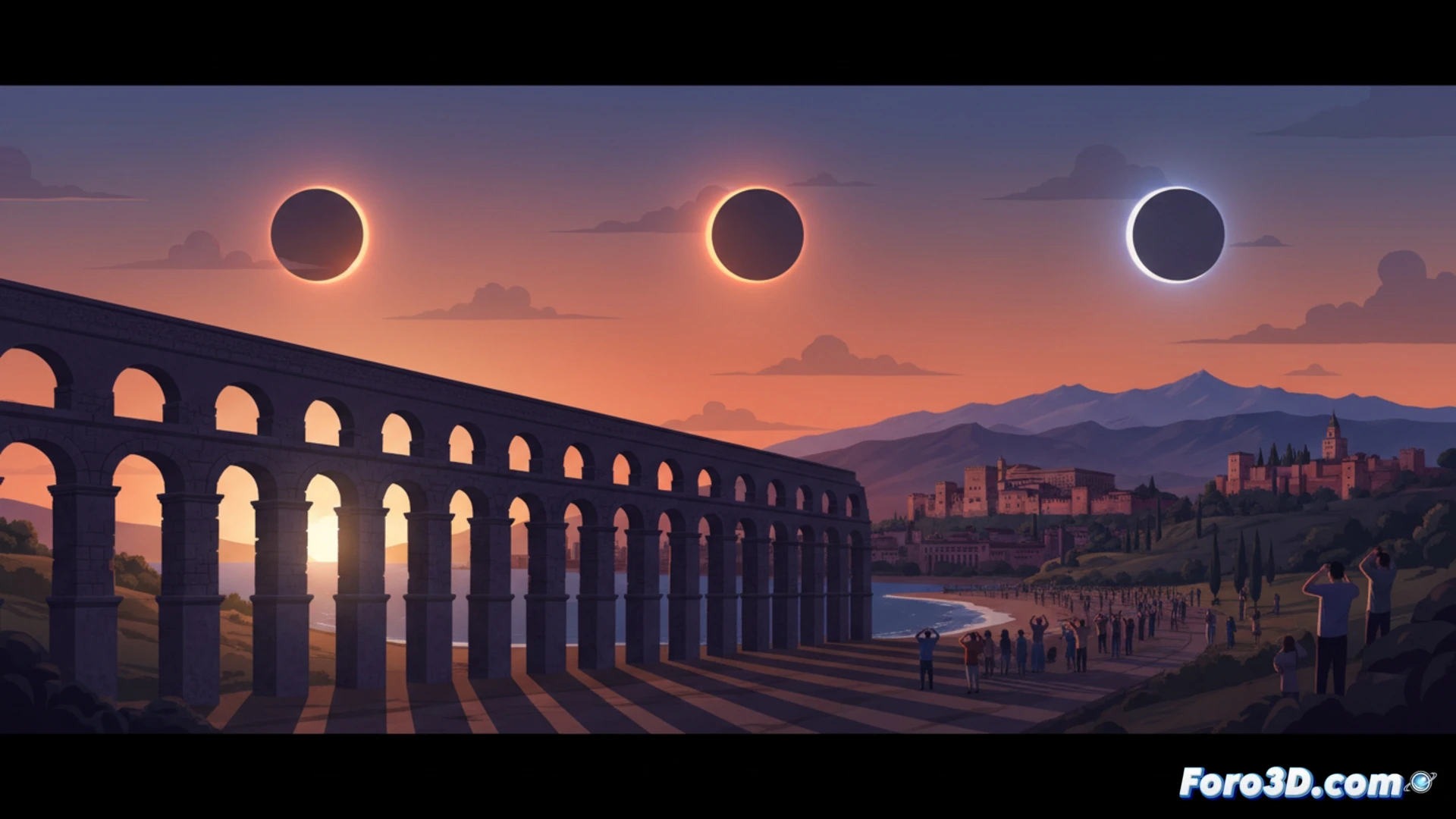 Tres fases de un eclipse solar total sobre un paisaje español, mostrando la Luna cubriendo progresivamente al Sol, con una multitud mirando hacia arriba usando gafas de eclipse, un telescopio solar sobre un trípode con filtro H-alpha, y un astrofotógrafo ajustando una cámara DSLR con lente larga, mientras el cielo pasa de azul a un atardecer oscuro, cinematic photorealistic visualization, dramatic golden light en el horizonte, siluetas humanas con detalles técnicos en equipo, ultra-detailed solar corona visible en la fase total