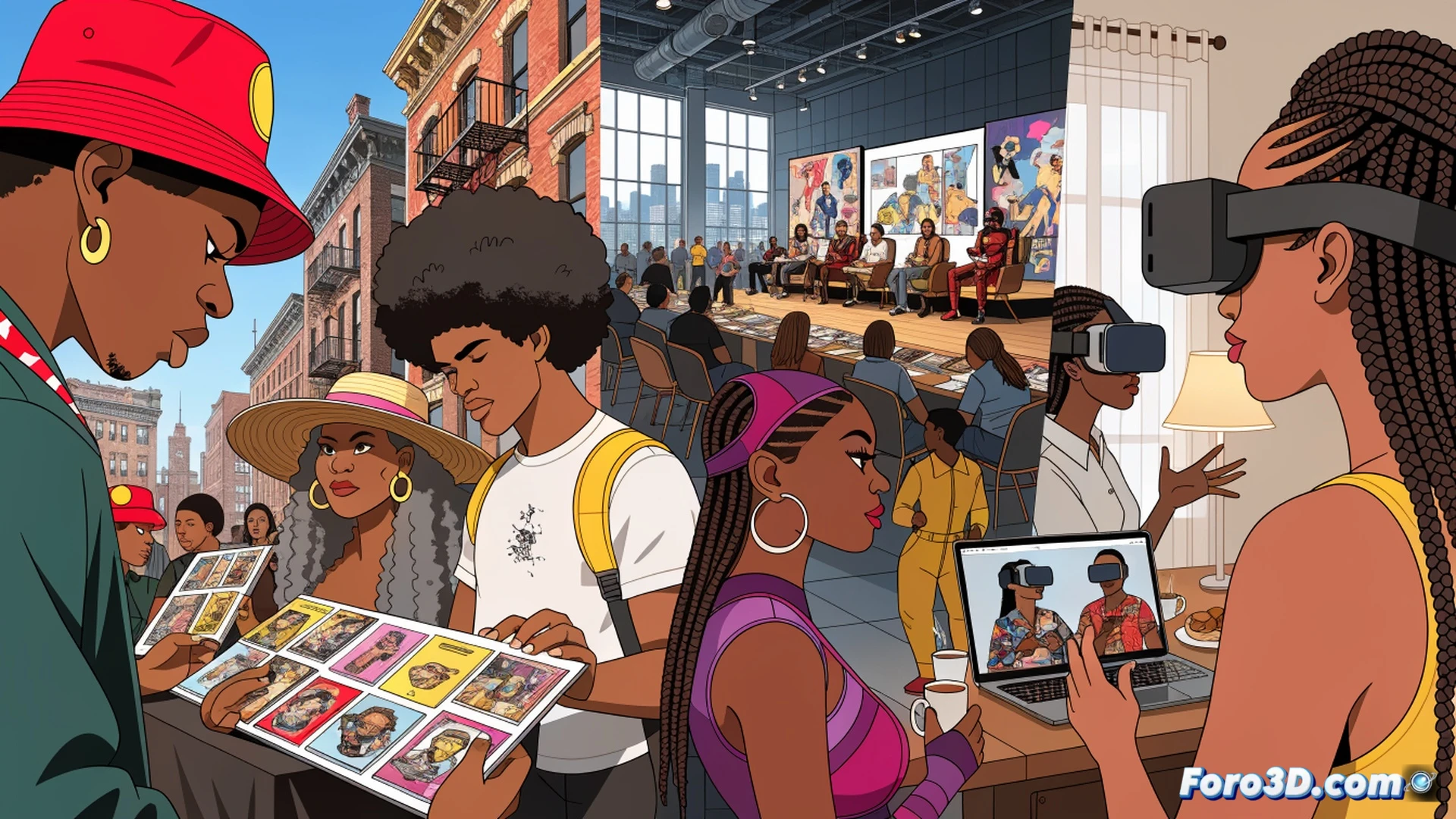 crowd of diverse attendees at a comic book festival inside the Schomburg Center in Harlem, a Black cosplayer in a detailed superhero costume posing for a photo while holding an open graphic novel, vendor tables stacked with indie comics and art prints, a panel discussion visible in the background with a speaker gesturing toward a projected comic panel, bright exhibition lighting, shelves of archival books lining the walls, cinematic documentary style, photorealistic technical illustration, warm skin tones and colorful comic art, festive Juneteenth atmosphere