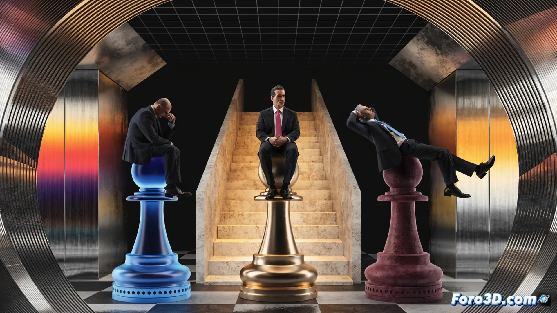 Tres figuras ejecutivas en serie rotando dentro de un mismo despacho de auditoría, cada una sentada brevemente en una silla giratoria frente a un panel de control financiero digital, mientras documentos de gasto público caen al suelo sin revisar, un reloj de pared muestra años 2019-2025 en rápida sucesión, pantallas con gráficos de auditoría incompletos parpadean en rojo, estilo cinematográfico realista, iluminación fría de oficina gubernamental, sombras alargadas, texturas de papel y plástico, profundidad de campo suave, render técnico fotorrealista.