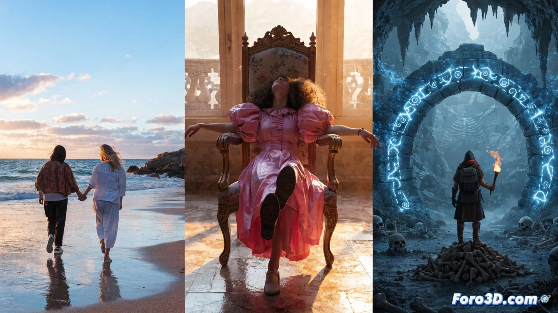three separate book covers floating above a digital tablet screen, left cover showing a seaside romance with fishing boats and a couple embracing on a wooden pier, center cover depicting a cartoon princess tripping over a garden rake with exaggerated motion lines, right cover revealing a dungeon entrance with glowing torches and a warrior peering into darkness, tablet displaying book marketplace interface with price tags and download buttons, soft evening window light casting shadows, photorealistic product photography style, cozy indoor reading nook background, warm ambient lighting, shallow depth of field focusing on the tablet screen