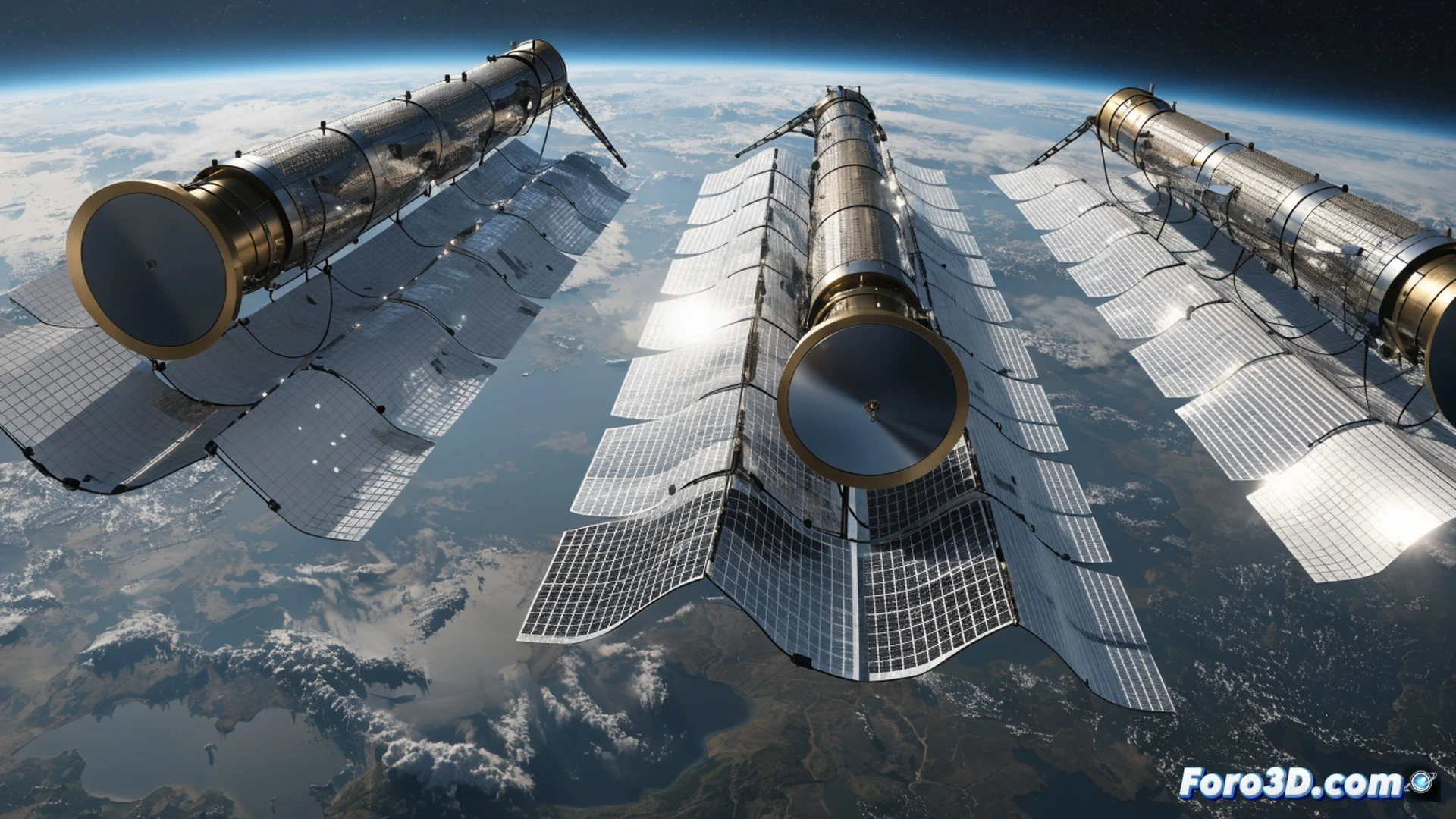 three large BlueBird satellites deploying solar arrays in low Earth orbit, a smartphone on the ground below displaying a full signal icon, satellite dish antennas unfolding while orbital thrusters fire, cinematic engineering visualization, Earth’s curved horizon in background, sunlight glinting off metallic panels, telecommunications hardware in assembly process, high-speed data beams connecting satellite to mobile device, photorealistic technical render, dramatic space lighting, ultra-detailed mechanical structures