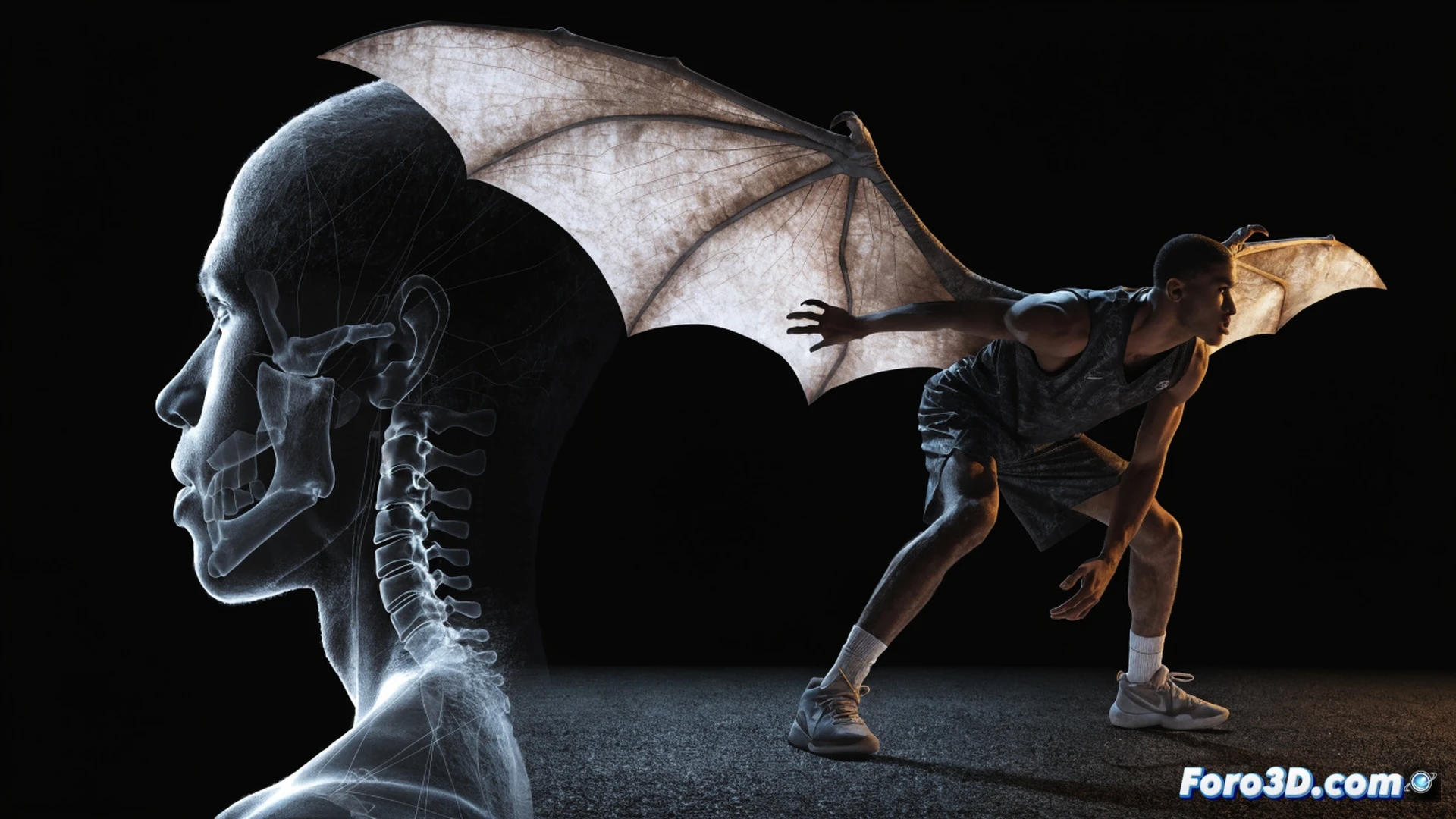 basketball player Trey Murphy III in corner three-point shooting stance, ball releasing from fingertips with high arc, biomechanical analysis overlay showing shoulder rotation and wrist snap, defensive stance with wingspan extended like a pterodactyl blocking a passing lane, glowing trajectory lines from release point to net, technical illustration style, dark gym background with subtle grid lines, photorealistic render, dramatic spotlight on player, muscle tension visible in forearm and torso, motion blur on basketball, detailed sneaker grip on hardwood floor