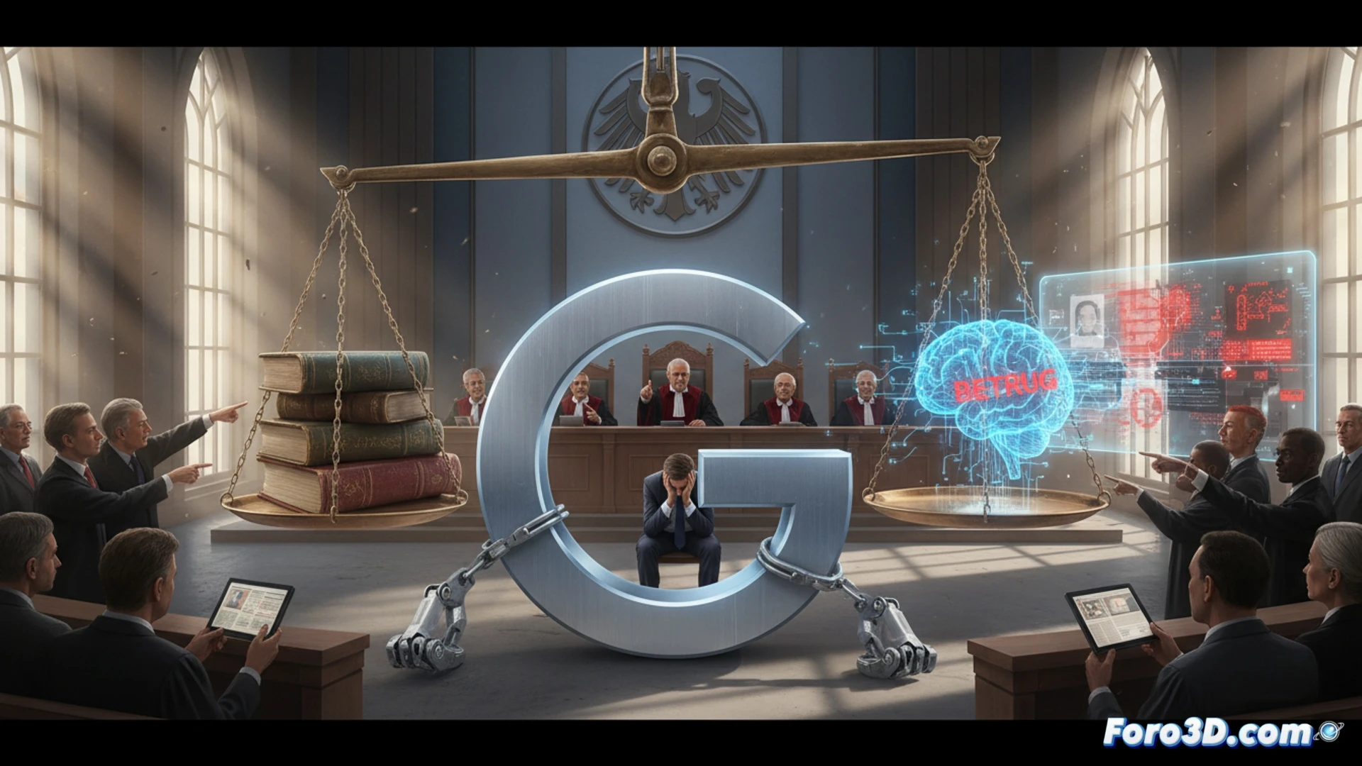 Google AI Overviews error responsibility trial, courtroom scene with a judge pointing at a glowing holographic search result displaying false accusation text, a Google logo on a laptop screen beside a gavel, broken link chains and distorted data streams flowing from AI summary into legal documents, cinematic photorealistic technical illustration, dramatic shadow lighting, chrome and glass courtroom interior, high-contrast digital evidence projection, ultra-detailed legal tech atmosphere