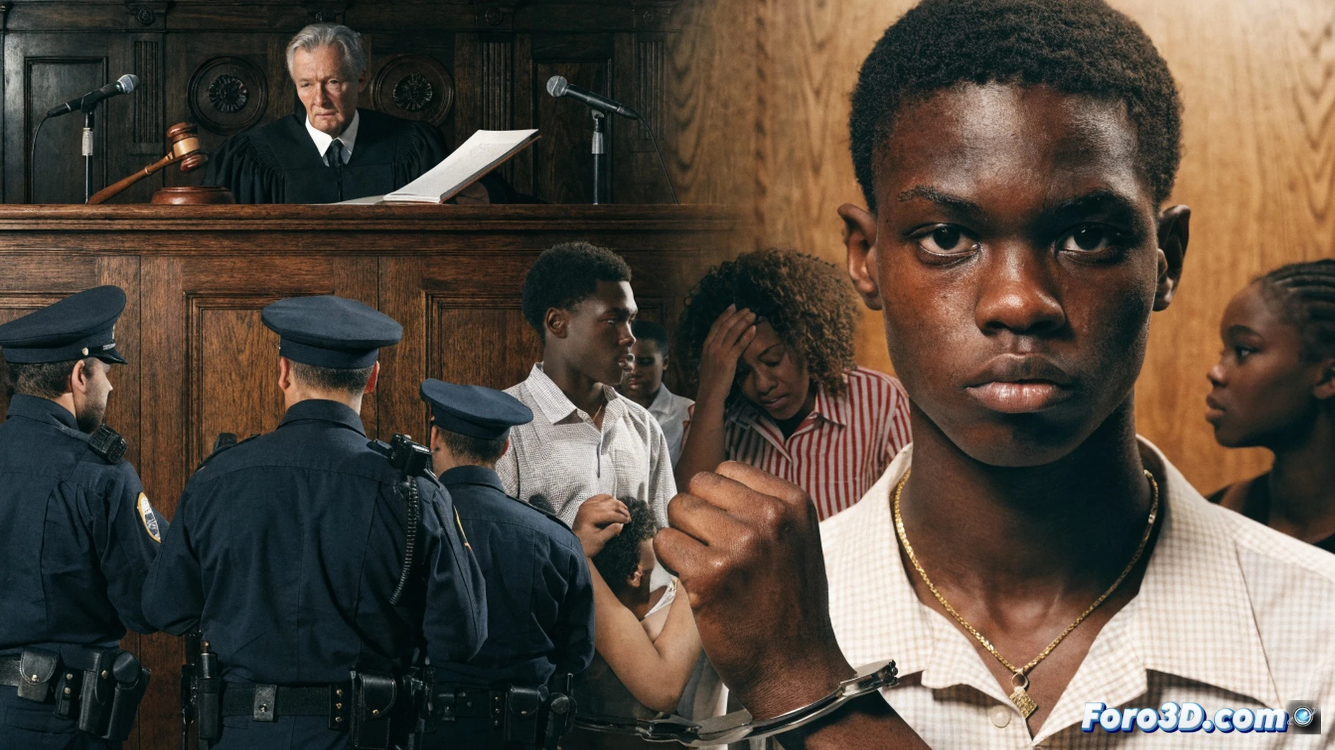 Black teenager in school uniform handcuffed to police station bench, forensic evidence bag with medication label, digital custody clock showing 23 hours, technical illustration style, photorealistic, police officer filling out arrest form while avoiding eye contact, teen looking down with distress, harsh fluorescent lighting, concrete wall texture, metal handcuff reflections, dramatic shadows, ultra-detailed fabric wrinkles, cinematic documentary aesthetic