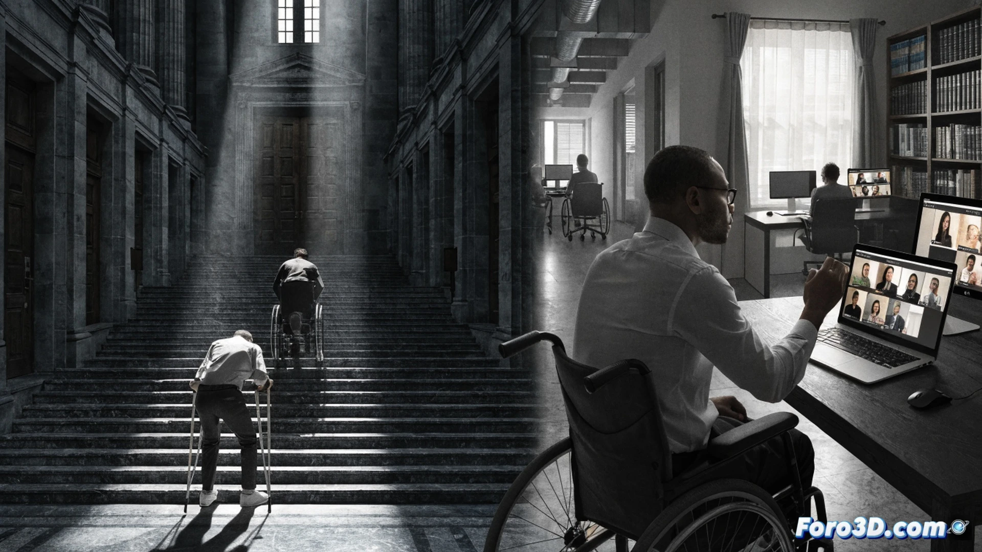 low-angle shot of a courthouse entrance, a lawyer in a wheelchair struggling on a steep cracked ramp while a colleague holds the door, broken elevator panel showing a service sign, another person using a laptop on a bench for a video call, frustrated expressions, drops of sweat visible, photorealistic cinematic lighting, deep shadows, grey concrete textures, worn handrails, urban street context, motion blur on passing pedestrians ignoring the scene, hyper-detailed materials, dramatic contrast between sterile architecture and human effort