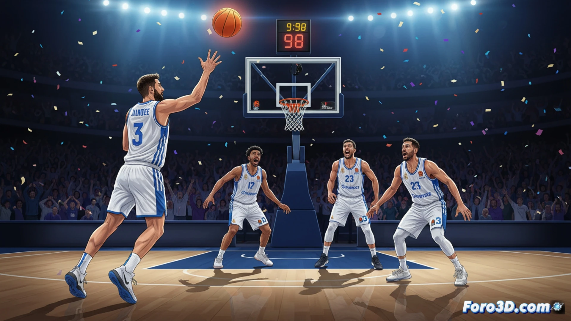 basketball court during final seconds of a tense game, player in white jersey releasing a high-arcing three-point shot, ball mid-air with backspin visible, defender in dark jersey leaping with outstretched arm, clock on scoreboard showing 0.2 seconds, crowd frozen in anticipation, cinematic sports photography style, dramatic arena lighting from above, deep shadows on court floor, sweat droplets frozen in motion, photorealistic rendering, ultra-detailed player expressions, motion blur on background spectators, high-contrast dynamic range