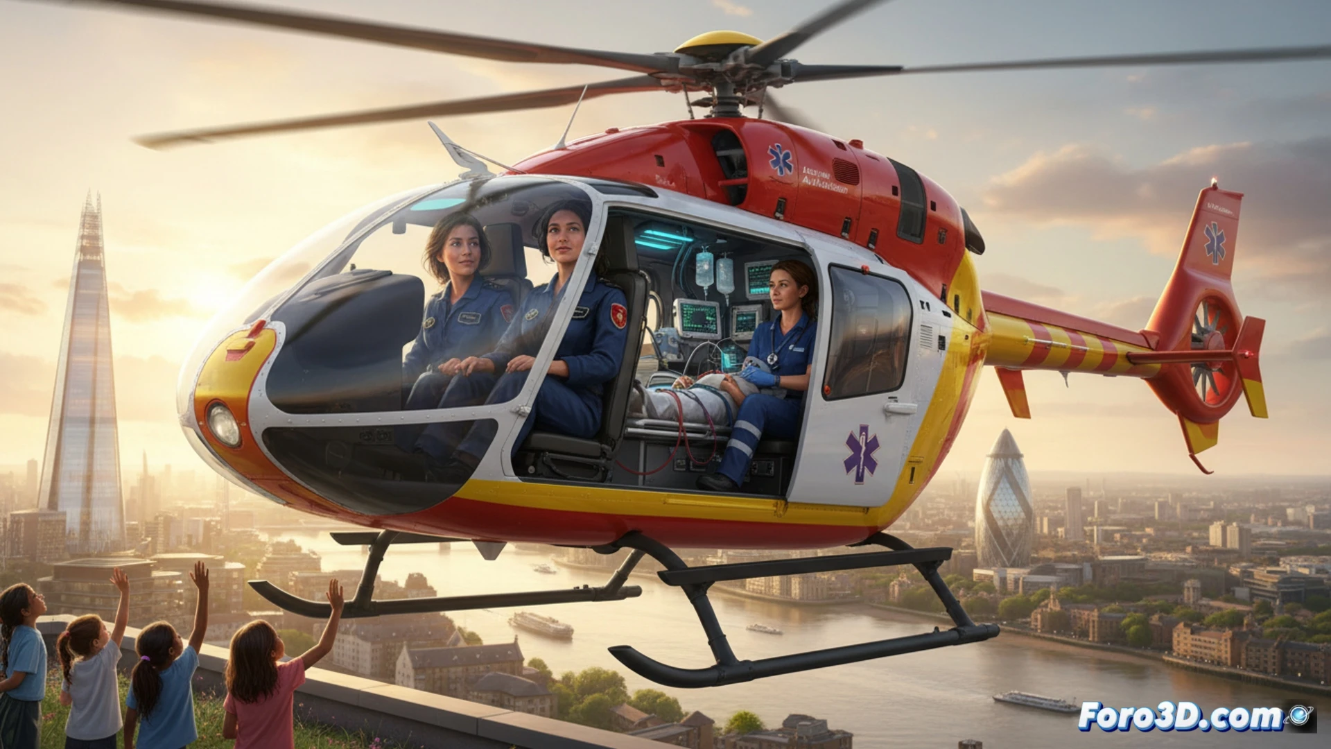 Una tripulación femenina, con piloto y médicas, junto a una ambulancia aérea y equipo ECMO, sobrevuela Londres.