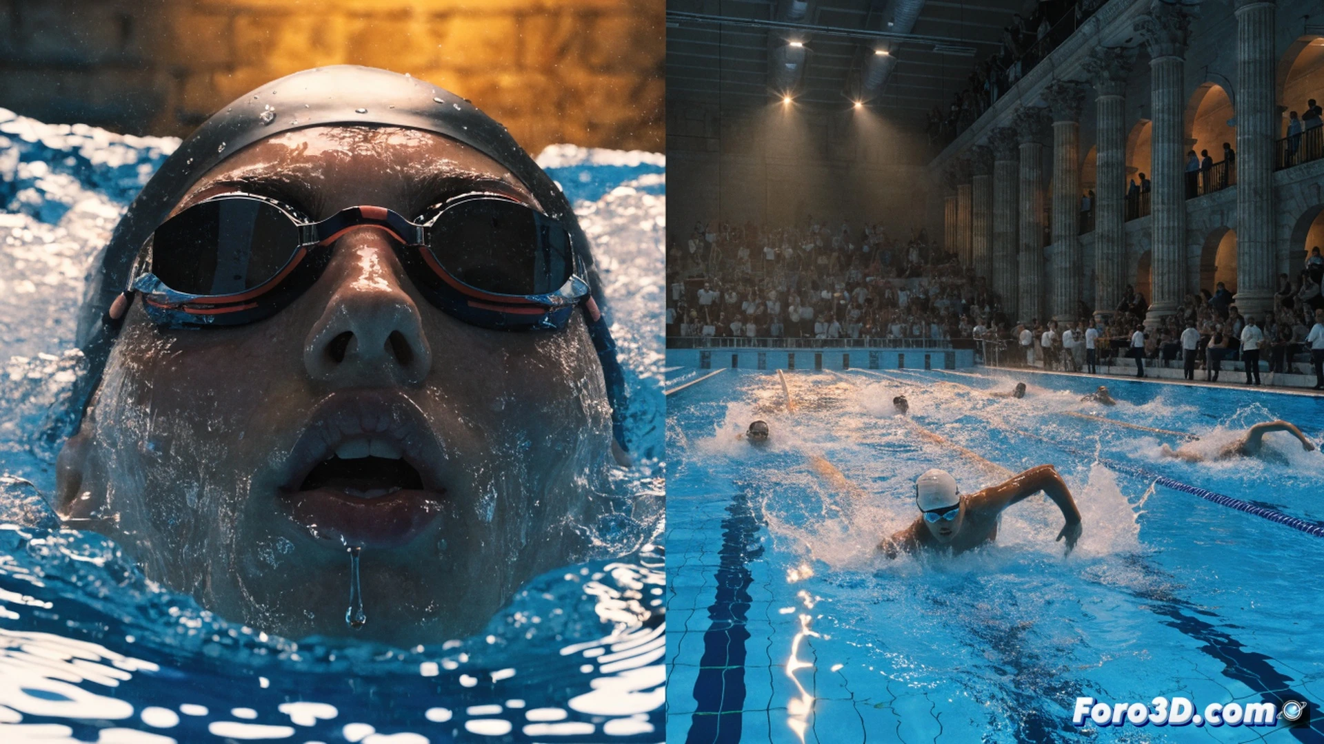 swimmer mid-stroke during a freestyle race in an Olympic-sized indoor pool, water splashing around arms and head, lane ropes visible, starting blocks in background, pool deck with timing equipment and scoreboard, bright overhead lights reflecting on water surface, spectators in bleachers watching, dramatic motion blur on splashes, photorealistic sports photography style, dynamic action shot capturing competitive swimming moment