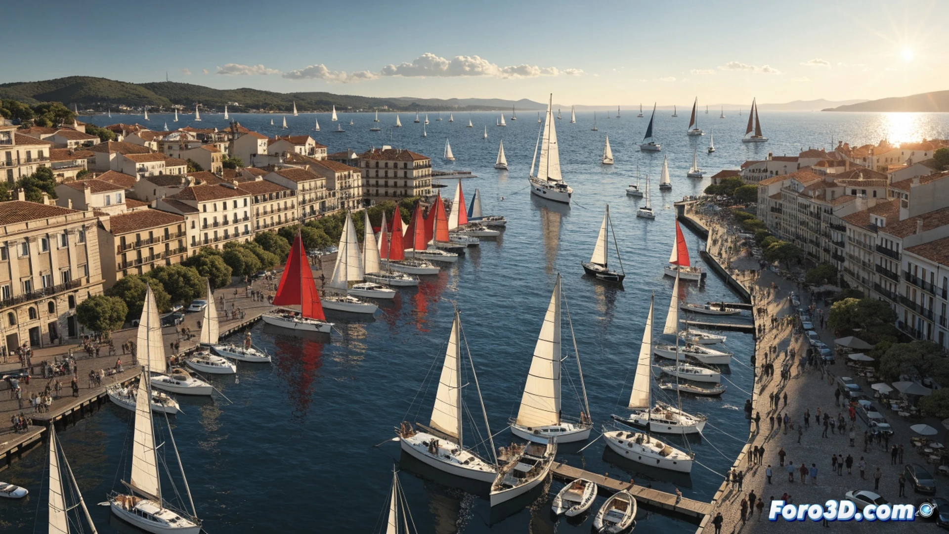 regata de veleros clase 6 Metros y J80 compitiendo en la Ría de Pontevedra, velas blancas tensadas con viento lateral, quillas largas cortando agua verde oscura, espuma blanca en estela de popa, cubierta de fibra de carbono pulida bajo sol de media tarde, grímpolas naranjas ondeando en mástiles, fondo de costa gallega con colinas verdes y edificios blancos de Sanxenxo, barcos de apoyo con banderas de organización, movimiento de tripulaciones ajustando drizas y winches, estilo cinematográfico fotorealista, luz dorada de atardecer marino, profundidad de campo enfocando barco líder, cielo parcial nublado con rayos de sol, alta definición técnica náutica