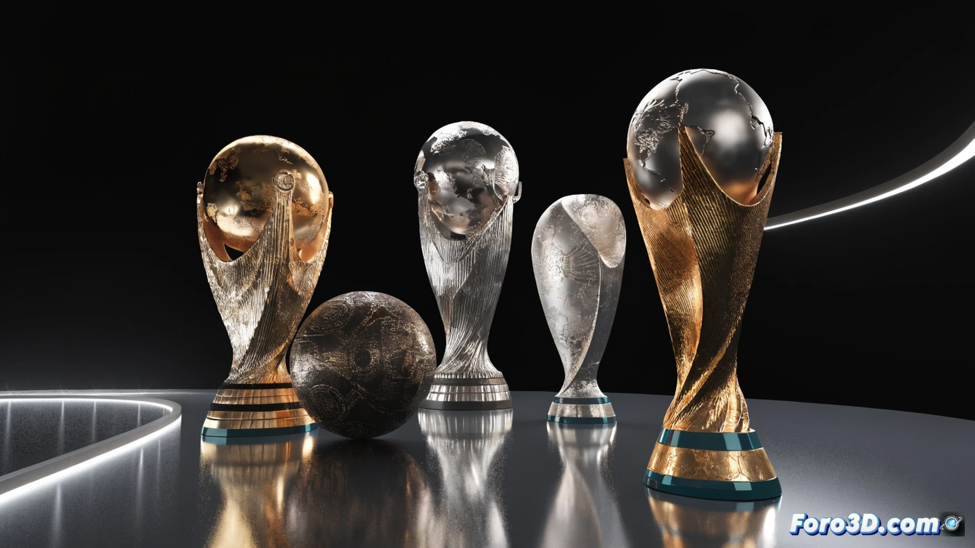 Professional 3D scanning studio, a team of engineers operating blue structured-light scanners and rotating pedestals, digitizing a collection of historic golden World Cup trophies, from Jules Rimet to current design, each trophy displayed on a turntable with laser grids projecting onto its surface, holographic wireframe models floating above a workstation monitor, real-time polygon mesh reconstruction visible on a large curved screen, cinematic technical illustration style, dramatic volumetric lighting, polished chrome and dark matte backgrounds, photorealistic engineering visualization, precise surface detail and reflection mapping