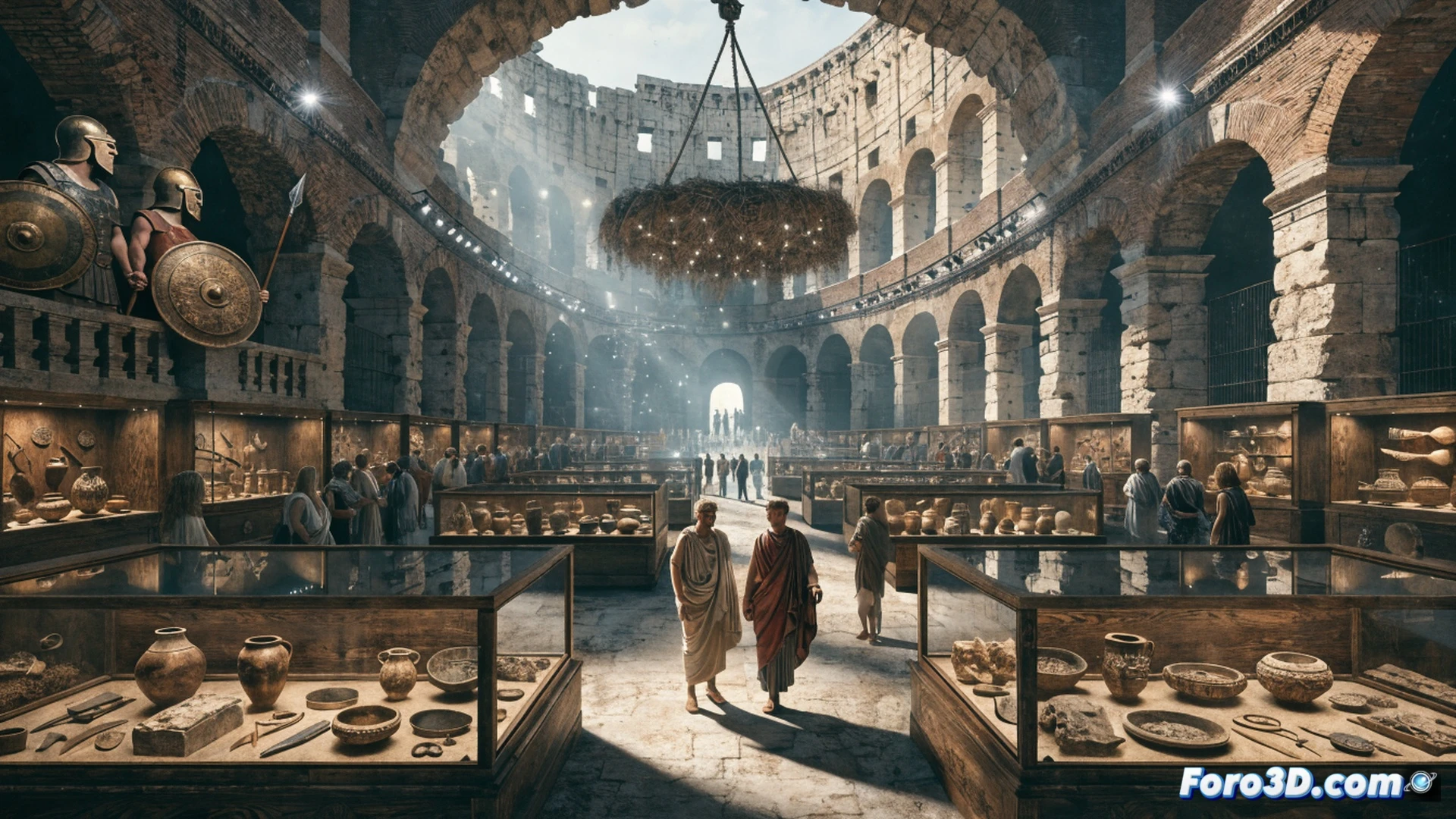 ancient Trojan artifacts displayed inside the Colosseum, museum visitors examining a bronze shield and ceramic vessels under focused spotlight beams, archaeological tools like magnifying glasses and gloved hands holding a fragment, marble statue of Aeneas in background, cinematic museum lighting with warm golden tones and deep shadows, photorealistic museum exhibition shot, ultra-detailed artifact textures with patina and cracks, dramatic contrast between ancient stone walls and modern display cases, composition showing cultural connection between Troy and Rome
