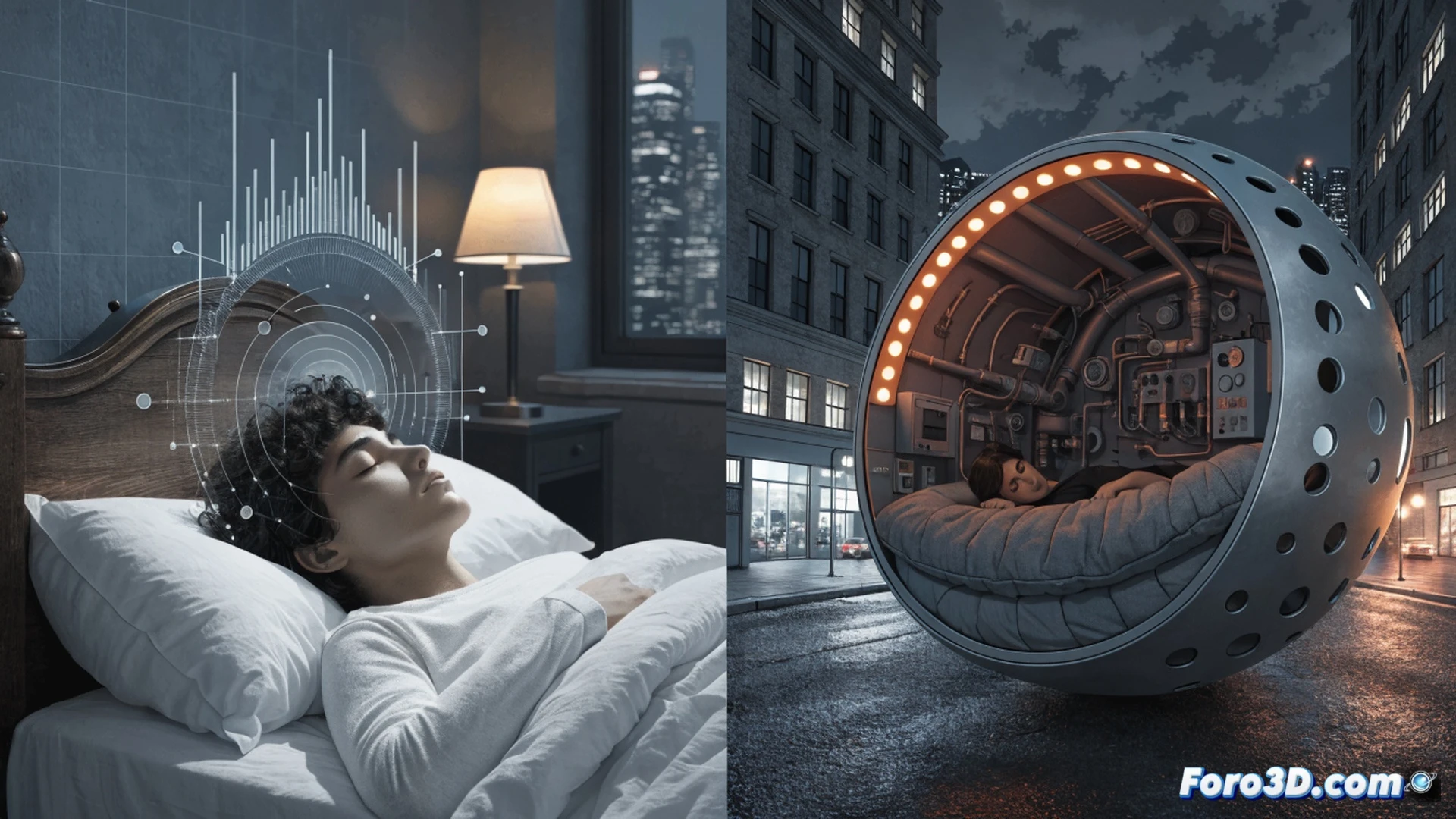 Photorealistic urban nightscape scene showing a person in bed wearing noise-cancelling headphones while holding a smartphone streaming a viral sleep hack video, outside window visible construction jackhammer vibrating against building facade, bedroom walls glowing with red decibel meter readings, smartphone screen reflecting graph of sleep quality dropping, bed frame wires and pillow sensors exposed as broken components, dramatic blue and orange lighting from city lights and phone screen, cinematic wide-angle shot, ultra-detailed textures of concrete dust and electronic circuits, technical visualization of urban acoustic pollution interfering with personal sleep gadgets