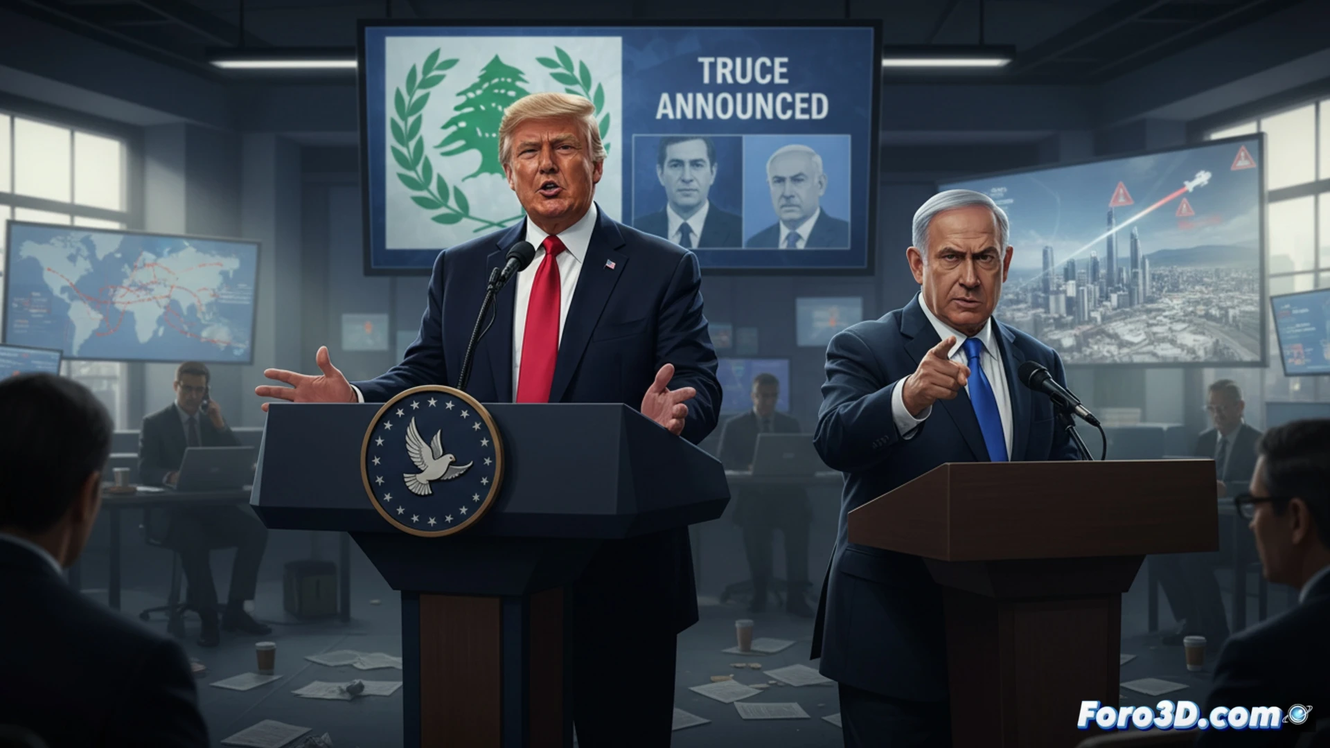 Middle Eastern ceasefire negotiation table, two wooden gavels on opposite sides, one tilted mid-air as if paused, a cracked oil barrel leaking black liquid near the table edge, a broken airplane wingtip resting on the floor, a smartphone on the table showing a split-screen video call with a politician waving dismissively, photorealistic technical illustration, dramatic side lighting casting long shadows, dust particles suspended in the air, tension-filled atmosphere, ultra-detailed textures on wood grain and metal surfaces, cinematic composition with shallow depth of field