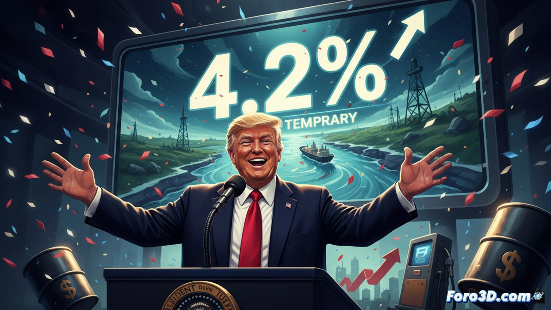 oil tanker navigating through Strait of Hormuz at sunset, black smoke rising from refinery stacks in background, gas station price display showing rising numbers while a hand adjusts the sign, supermarket shelf with empty spots where basic goods should be, presidential podium with microphones in corner of scene, photorealistic cinematic wide shot, harsh golden-hour lighting casting long shadows, cargo ship engines visible through cutaway view, fuel pipeline valve being turned by a gloved hand, dust particles floating in warm air, ultra-detailed industrial textures, dramatic contrast between fuel symbols and consumer products, technical illustration style with engineering precision