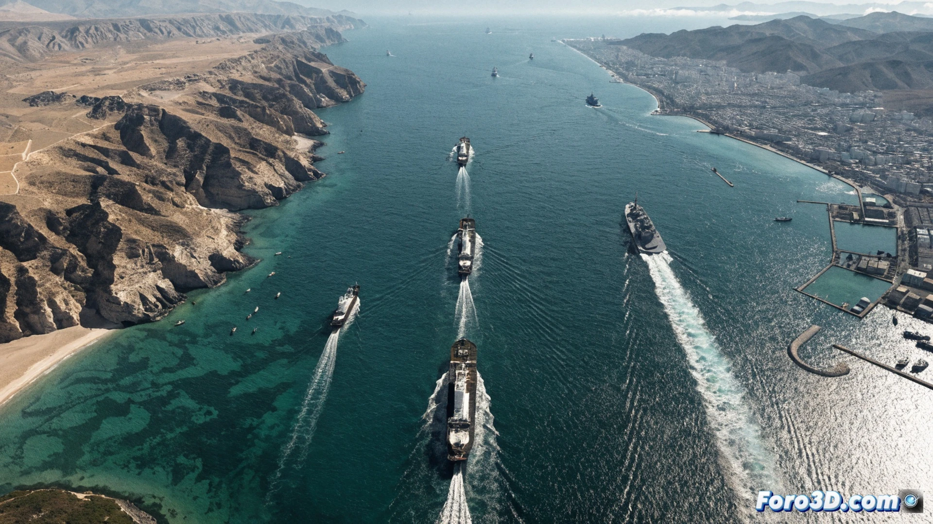 supercarrier USS Nimitz at dawn in the Strait of Hormuz, guided missile destroyer escorting a row of oil tankers through narrow waterway, Iranian patrol boats observing from distance, radar screens glowing on bridge showing vessel tracking, oil pipelines and loading cranes visible on distant shore, calm sea with slight wake turbulence from propellers, photorealistic cinematic wide shot, military-engineering visualization, dramatic golden hour lighting, ultra-detailed naval hardware, geopolitical tension implied through composition, technical maritime scene