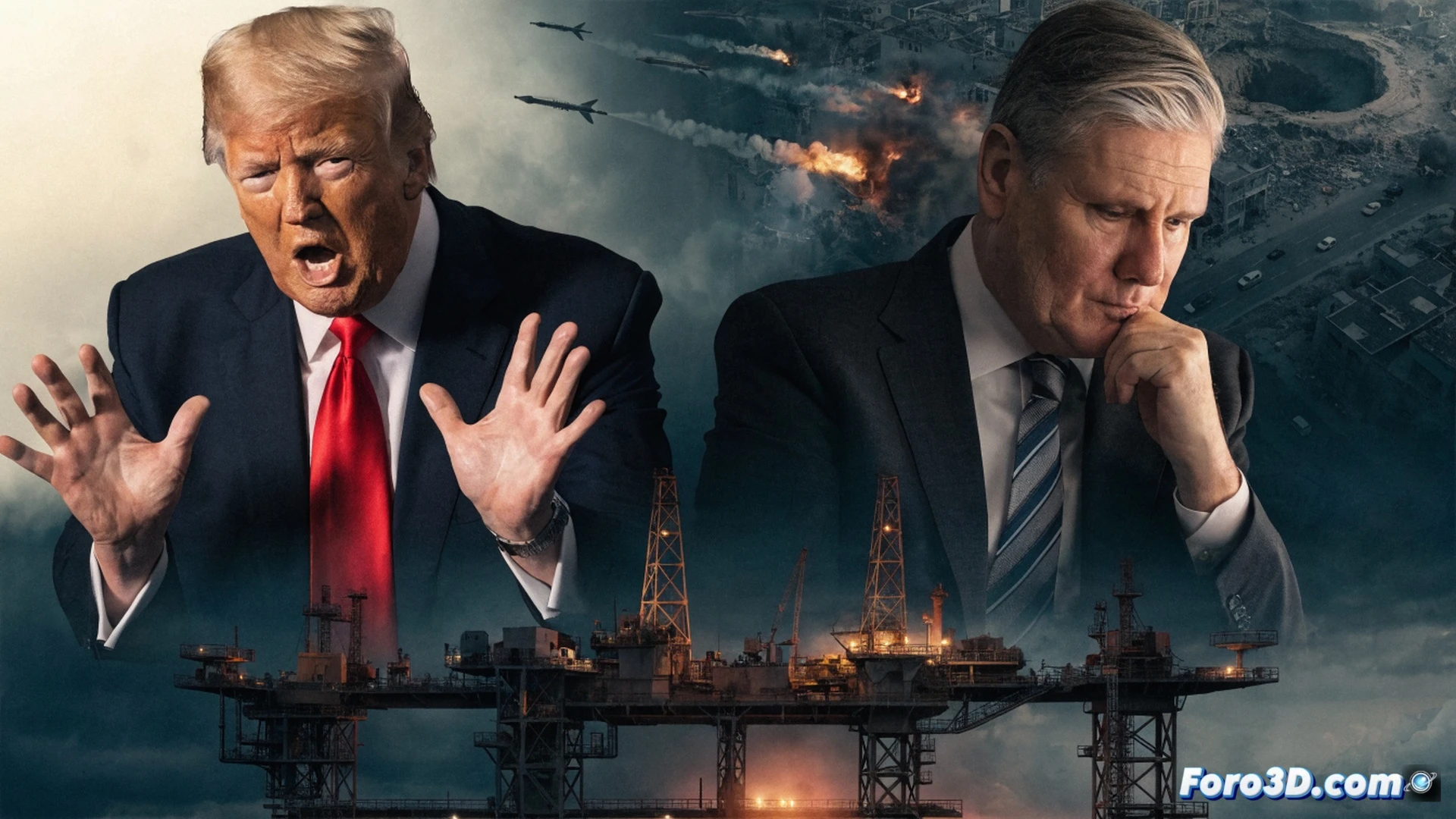offshore oil platform in North Sea with British flag partially obscured by Norwegian flag overlay, pipeline splitting into two directions one flowing to UK one blocked by red X, Keir Starmer figure in suit hesitating at control panel with Iran military target icon on screen, Donald Trump figure pointing angrily at energy gauge showing rising cost of living meter, photorealistic technical illustration, cinematic lighting with dramatic shadows, industrial control room environment with holographic maps and data streams, ultra-detailed metal surfaces and warning lights, high contrast political tension visualization
