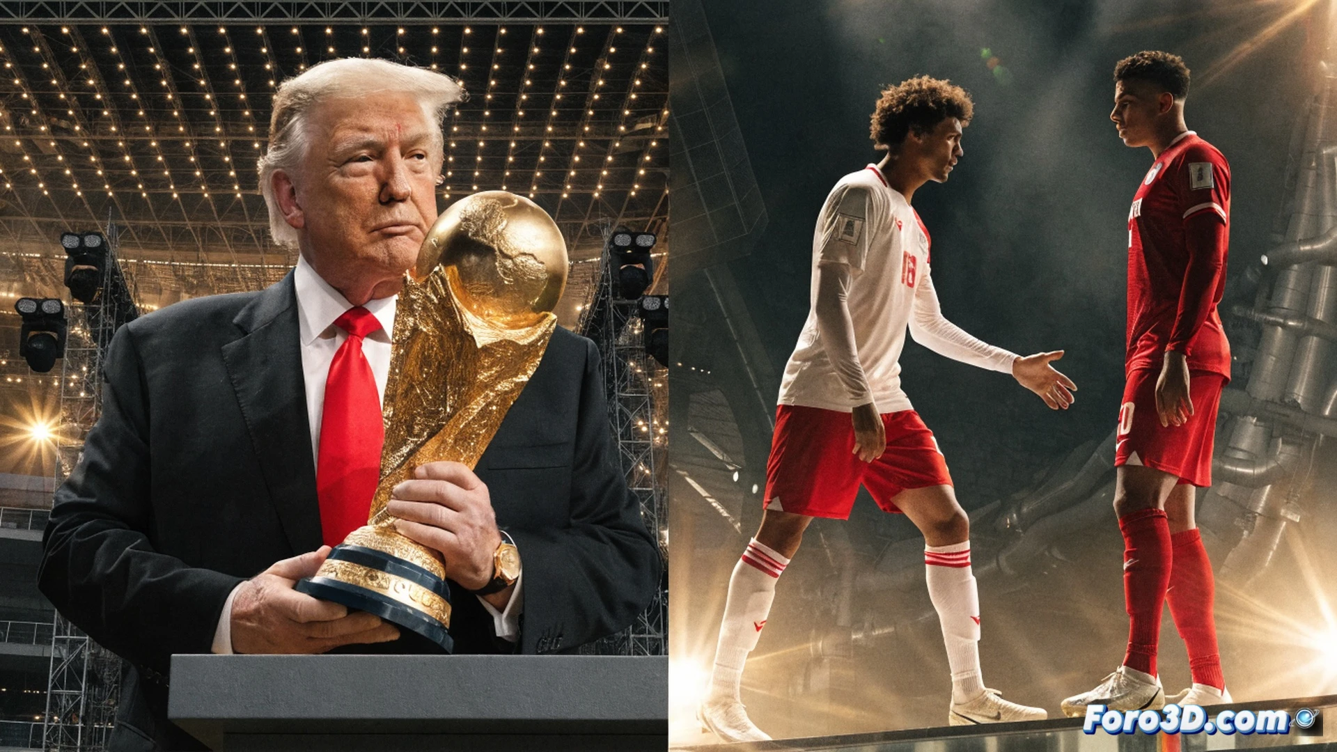 photorealistic scene of a massive golden FIFA World Cup trophy on a stadium pedestal at MetLife Stadium, New Jersey, Donald Trump walking toward the trophy from the side, reaching out his right hand to lift it, camera angle from low ground capturing the trophy towering above, stadium lights reflecting off the polished golden surface, green grass field visible, empty stands in background, dramatic cinematic lighting, ultra-detailed metallic reflections, photorealistic sports event render, clear action moment showing the trophy handover process