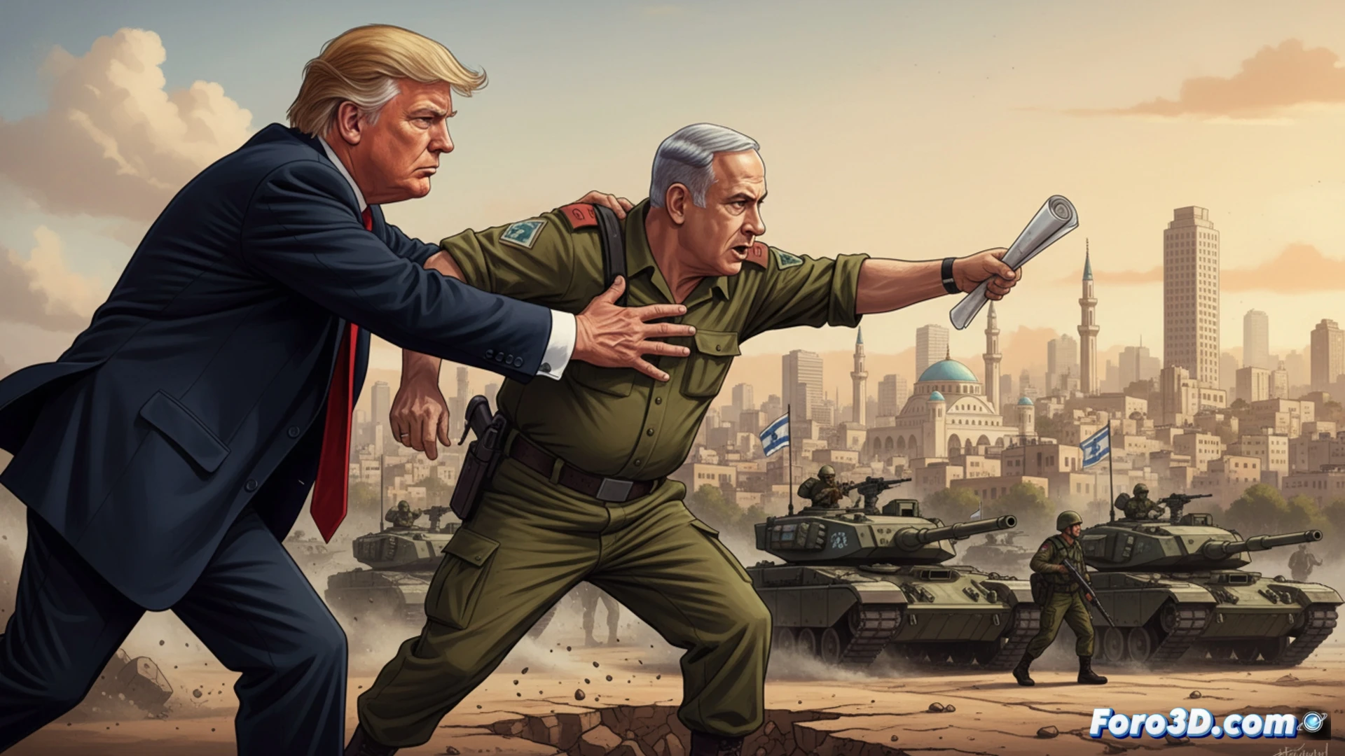 Photorealistic cinematic scene of a tense Middle Eastern war room, Donald Trump standing firmly at a satellite communication console, hand raised in a stop gesture, a large digital screen showing a paused military drone feed over Beirut skyline, Benjamin Netanyahu turned away from the screen, head down, losing control, Israeli military officers frozen mid-action, glowing red target indicators fading on the tactical map, cables and hardware panels visible, dramatic high-contrast lighting, smoke haze, photorealistic technical illustration, tense geopolitical atmosphere, ultra-detailed equipment textures