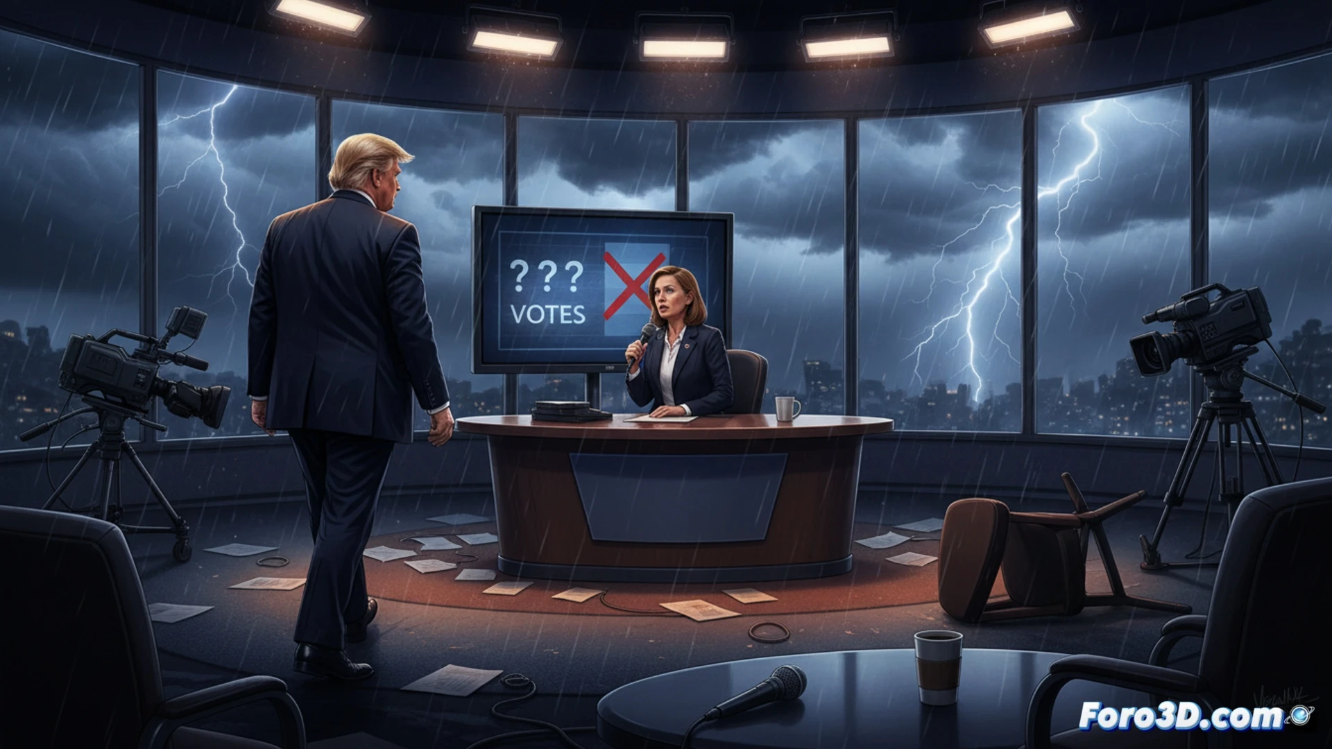 Donald Trump storming away from a studio microphone inside a Wisconsin farm barn, television equipment cables tangling underfoot, a female journalist holding a notepad with election data visible, storm lightning flashing through a window behind, wind blowing papers off a technical broadcast monitor showing electoral map graphics, cinematic photorealistic style, dramatic tension, camera flash reflections on metal farming tools, frayed electrical wires exposed, turbulent weather effects, ultra-detailed facial expressions of anger and avoidance, high-contrast lighting, documentary-style framing