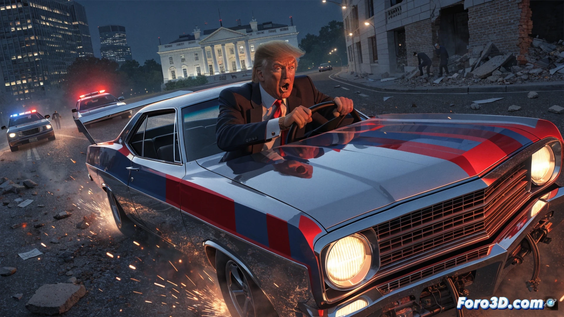 photorealistic cinematic scene showing a white house podium with a gavel and official seal, a smartphone displaying a video game loading screen with palm trees and neon sunset, the smartphone being held by a hand while a stylus taps the screen, a viral meme icon floating above with a checkmark and speech bubble, american flag draped in background, dramatic spotlight illuminating the phone, ultra-detailed reflections on polished wood, motion blur on the stylus tip, technical visualization of digital propaganda tools, realistic lighting from screen glow, engineering-style render of hardware and software interaction