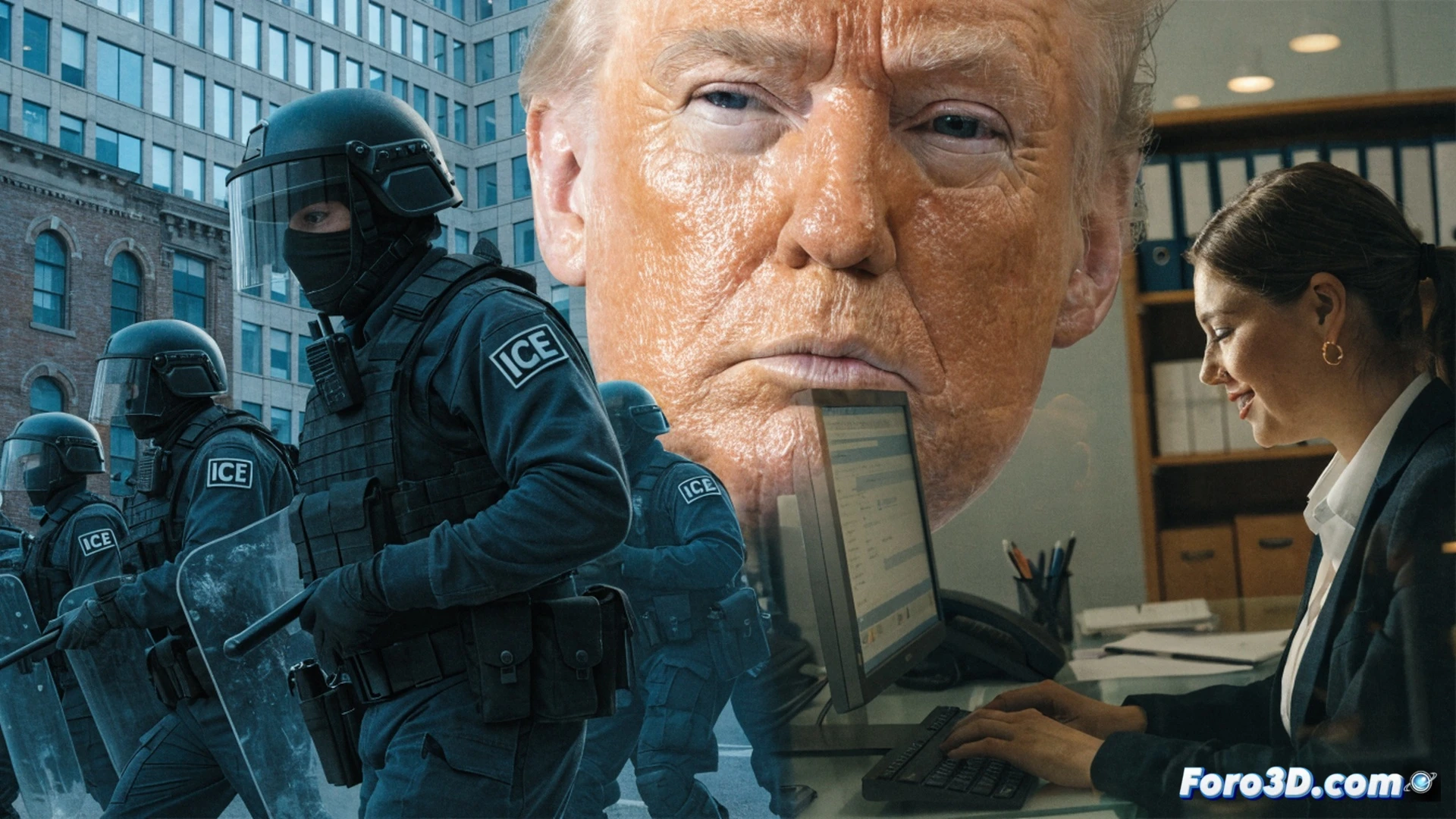 Immigration enforcement officers in black tactical gear with ICE patches being replaced by new NICE patches on their uniforms, agents in a crowded airport terminal interacting with travelers while smiling exaggeratedly, one agent holding a tablet showing a smiley face icon, another handing a flower to a confused passenger, photorealistic technical illustration, bright fluorescent airport lighting, contrast between stern body language and forced friendly gestures, metal detectors and security x-ray machines in background, cinematic documentary style, detailed fabric textures and badge reflections, ultra-realistic skin tones and facial expressions, dramatic shadows emphasizing the surreal disconnect between authority and branding