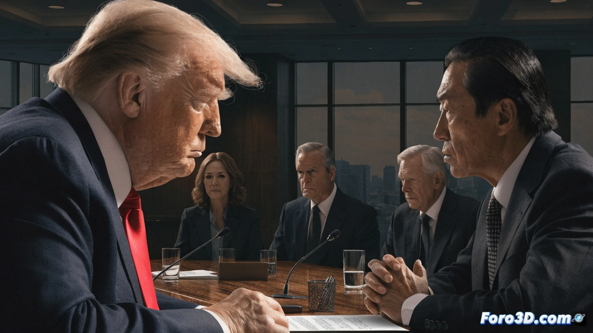 G7 summit negotiation table, Donald Trump gesturing firmly while other leaders react with crossed arms and tense expressions, a split-screen showing rising price tags on imported goods and a stock market graph with red downward arrows, digital trade route lines being severed between countries, cinematic photorealistic visualization, cold blue and amber lighting, smoke-like economic uncertainty particles floating above the table, polished wood surface reflecting strained body language, ultra-detailed diplomatic tension atmosphere, high-end technical editorial render