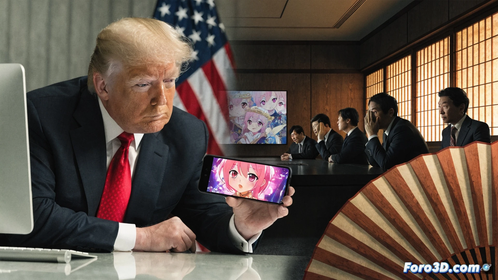 A diplomatic meeting room with a large holographic display showing a pixelated anime-style character mid-tweet, Japanese officials in suits frowning while gesturing at the screen, a broken handshake between two figures in the foreground, scattered documents with anime iconography on the table, a subtle Japanese flag in the background, cinematic visualization, tense atmosphere, dramatic overhead lighting casting long shadows, photorealistic political illustration, polished wood conference table reflecting the hologram, diplomatic tension visible in body language