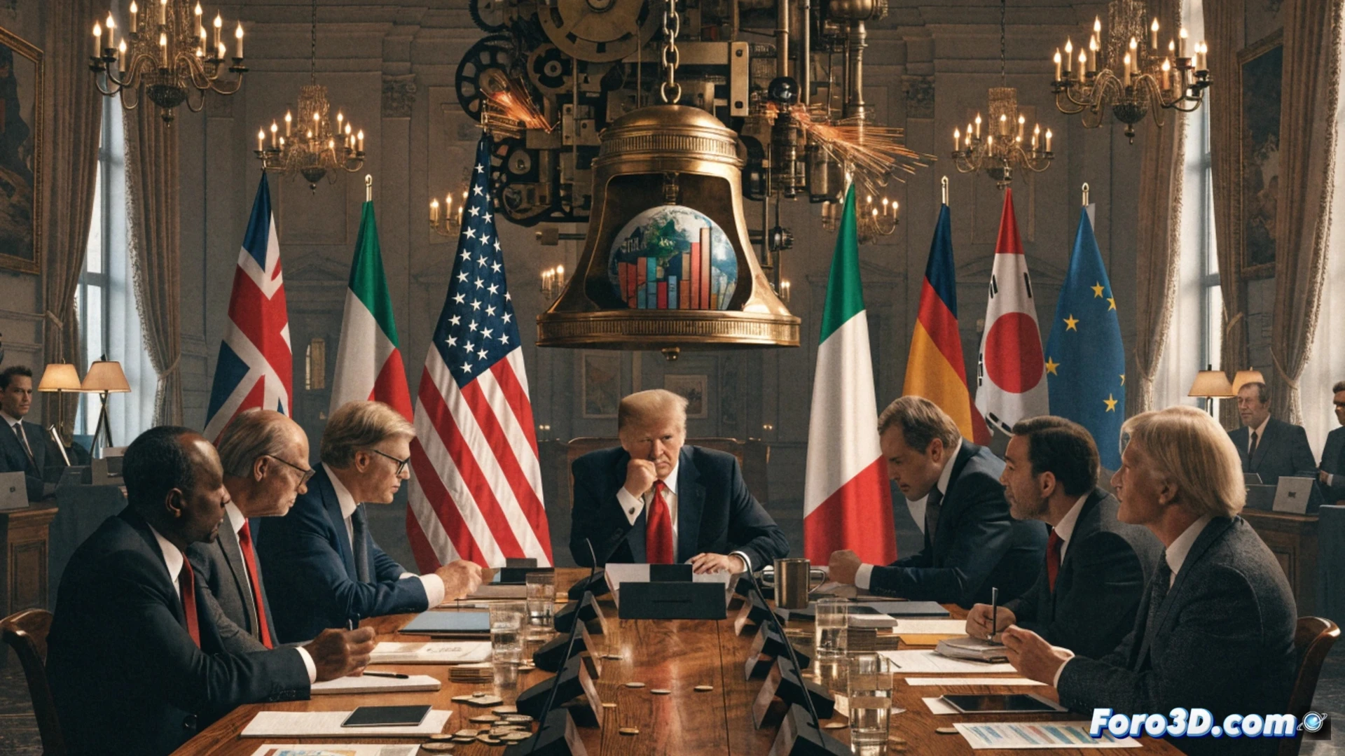 photorealistic technical scene of a G7 summit table with empty chairs, a golden nameplate labeled for trade negotiations, one chair tipped over as if abruptly abandoned, a cracked globe centerpiece showing fractured trade routes, a stack of tariff documents burning at the edges, a factory worker silhouette behind frosted glass holding a rising price tag, dramatic overhead lighting casting long shadows, smoke curling from the documents, cinematic political illustration, cold blue and amber contrast, hyper-detailed textures on wood and paper, demonstrating the collapse of diplomatic process during tariff disputes