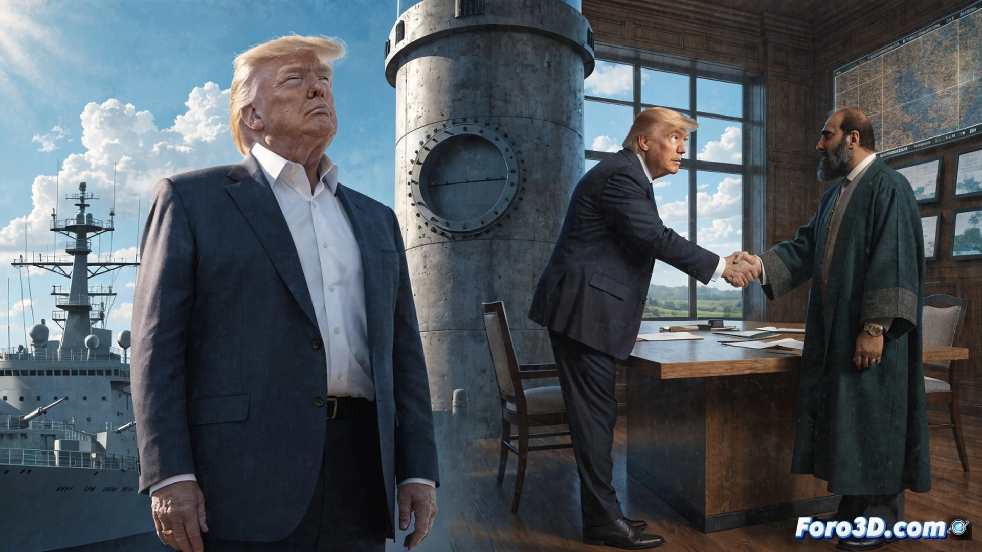 diplomatic negotiation table with two flags facing each other, one USA and one Iran, a military drone hovering above the table casting a shadow over documents, while a hand pushes a signed treaty forward and the other hand retracts a missile model, cinematic photorealistic visualization, dramatic chiaroscuro lighting, polished mahogany surface reflecting the scene, tense atmosphere, ultra-detailed textures on flags and papers, shallow depth of field focusing on the hand movement, high-contrast industrial lighting