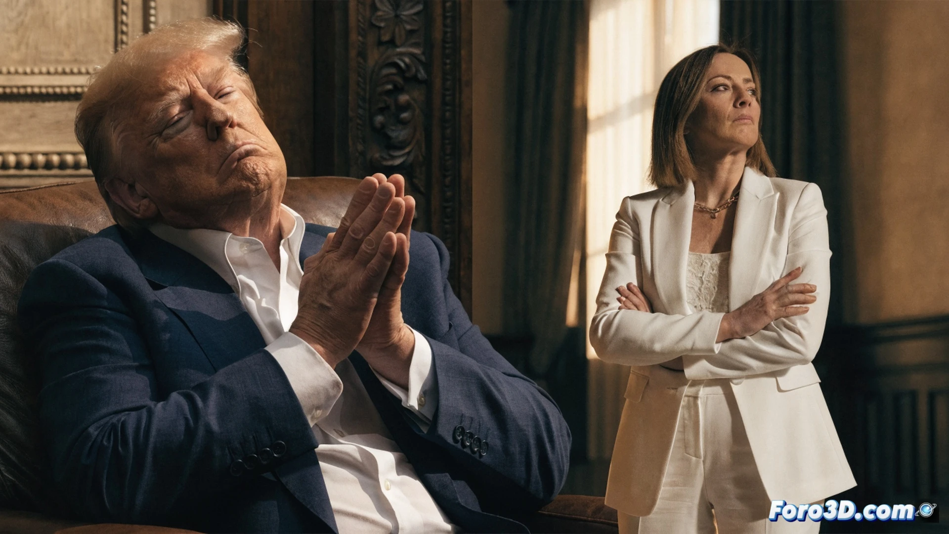 diplomatic tension visualization, Trump and Meloni standing apart on a marble palace staircase, Trump holding a smartphone showing a photo with a pity expression, Meloni pointing at the screen with anger while typing on her phone, broken diplomatic cables and disconnected satellite links between them, cinematic photorealistic style, dramatic chiaroscuro lighting from overhead chandeliers, cold blue and warm amber contrast, marble floor reflecting tension, political thriller atmosphere, ultra-detailed textures on suits and phones