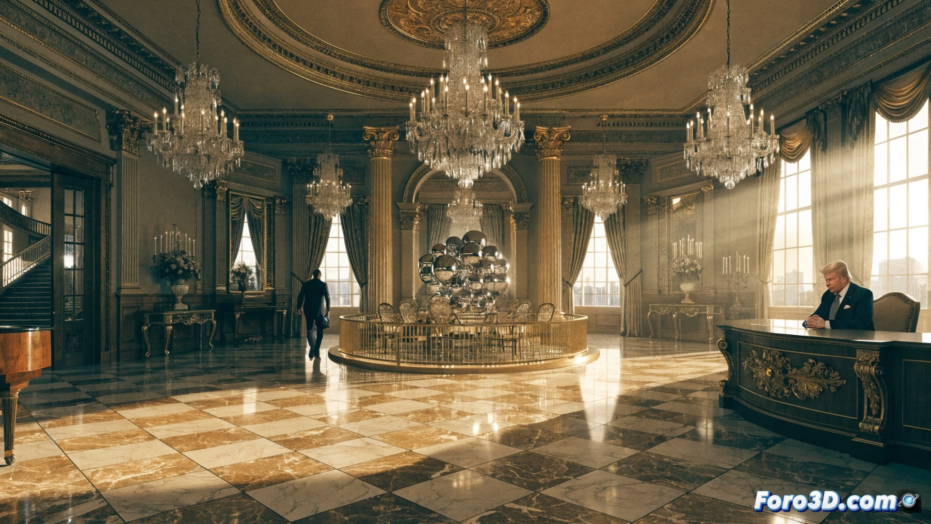photorealistic engineering visualization of a massive ballroom construction inside the White House, workers installing gold-plated chandeliers and marble flooring, while a transparent overlay shows tax documents and budget spreadsheets floating above, half of the construction funds marked with red warning symbols and public tax dollar signs, contrast between luxury decor and rising cost-of-living charts on nearby monitors, cinematic lighting with dramatic shadows, ultra-detailed architectural elements, political corruption visual metaphor, technical illustration style