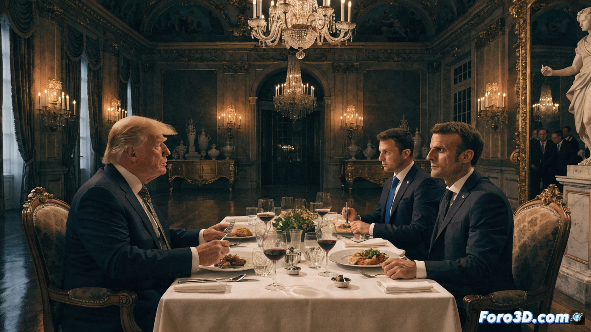 diplomatic conference table with empty chairs labeled for G7 leaders, a gold-trimmed dinner plate and wine glass at each seat, an ornate chandelier above Versailles palace ceiling, two empty seats side by side with no name cards for Trump and Zelenski, while Macron stands at the head gesturing toward the empty spaces, secretaries typing on laptops in background, blue EU flags and US flags flanking the room, photorealistic cinematic lighting, polished mahogany surface reflecting chandelier glow, technical architectural perspective showing spatial separation between leaders, dramatic shadows emphasizing absence of bilateral meeting, ultra-detailed fabric textures on chairs, high-end political summit atmosphere