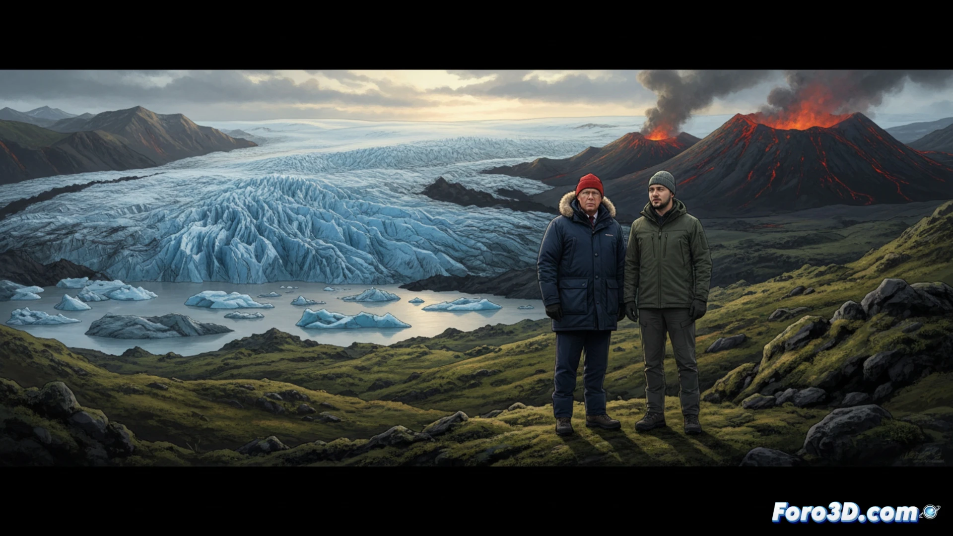 Descripción detallada (80-120 caracteres):  
Paisaje islandés de glaciares y géiseres bajo un cielo gris. Trump y Zelenski, sin trajes, caminan juntos sobre roca volcánica, sin banderas ni protocolo.