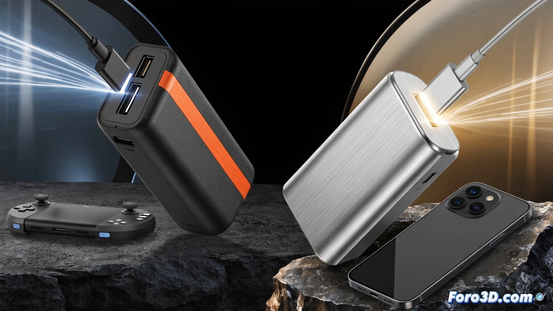 three colorful portable power banks on a sunlit wooden picnic table, one charging a smartphone while another simultaneously powers a handheld gaming console, cables neatly connected, battery LED indicators glowing green, a tablet resting nearby, summer outdoor setting with blurred green grass and blue sky, compact devices showing capacity labels 5000 and 20000 mAh, photorealistic product photography, bright natural sunlight, shallow depth of field, clean minimalist composition, ultra-detailed plastic textures and metallic ports, cinematic summer lifestyle render