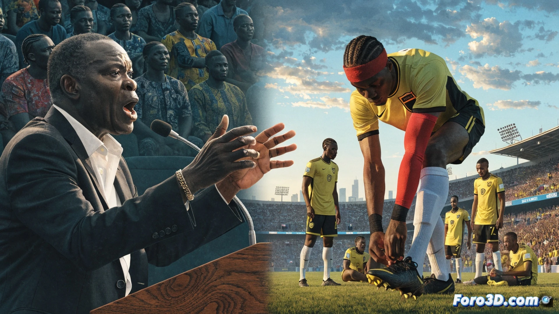 African football stadium at night during a decisive World Cup match, president Felix Tshisekedi in VIP box raising fist in motivational speech, players in green Congolese jerseys on pitch mid-action, Uzbekistani opponents in white defending, stadium floodlights casting dramatic shadows, crowd waving flags in unified celebration, scoreboard showing critical 1-0 lead, technical illustration style, photorealistic cinematic render, high-contrast lighting, motion blur on running players, detailed facial expressions of hope and tension, wide-angle lens capturing entire field, atmospheric haze from flares, ultra-detailed stadium architecture, dramatic national pride moment