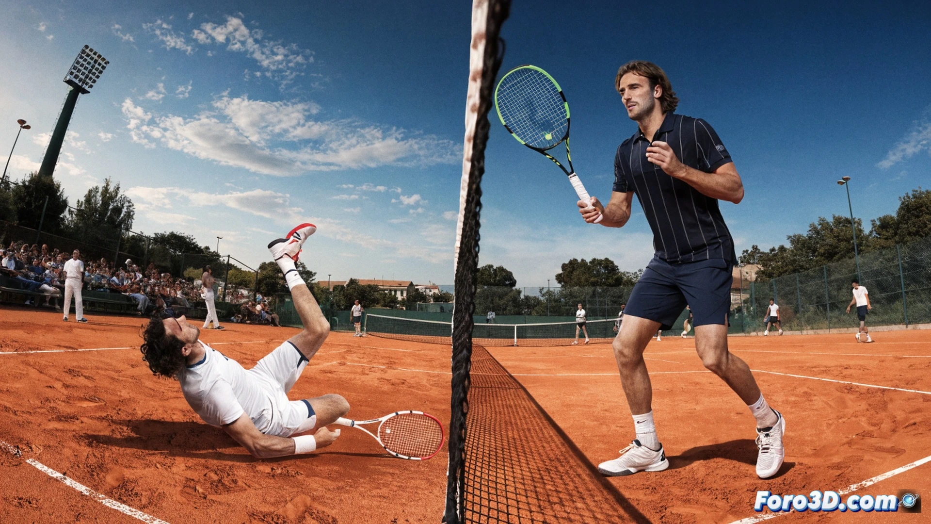 tennis court scene during a dramatic upset moment, Stefanos Tsitsipas hitting a backhand volley while off-balance, Ignacio Buse diving forward for a low return on clay, bright Mallorca sunlight casting sharp shadows on red clay, ball trajectory showing topspin rotation, crowd in blurred background reacting, photorealistic cinematic sports visualization, high-speed shutter effect freezing action, sweat droplets visible, net tension cables in sharp focus, dramatic contrast between players expressions, ultra-detailed court texture, dynamic composition