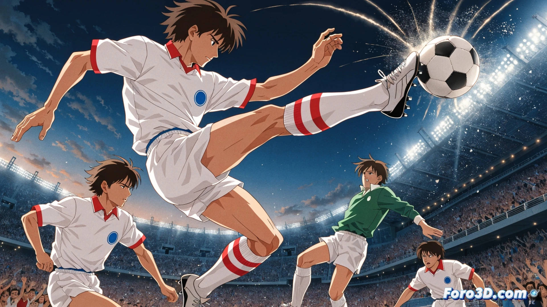 young boy in orange jersey and blue shorts mid-kick, soccer ball curving with visible air trails, glowing motion lines tracing ball trajectory, grass blades lifting underfoot, dramatic stadium lighting, cinematic sports illustration style, dynamic camera angle from low ground, sweat droplets frozen mid-air, intense focused expression, photorealistic technical render with manga-inspired energy effects, ultra-detailed fabric wrinkles and grass texture, high-speed action sequence, ball deformation showing impact force, dramatic shadows and highlights, 8K quality