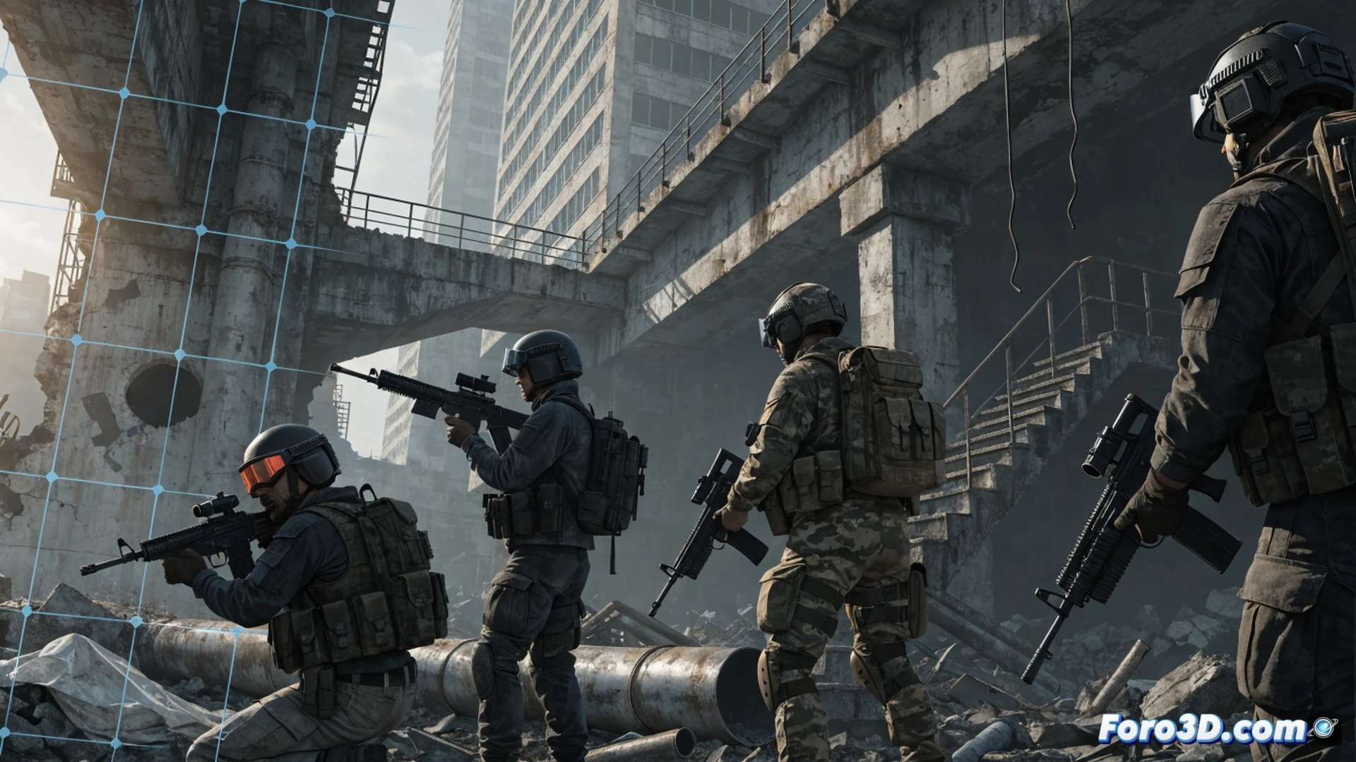 five indie developers huddled around a single powerful laptop in a dimly lit room, editing Roblox game code on screen, while a second monitor shows a live counter of 7.7 million players, the TTK Testing game interface partially visible with a photorealistic soldier aiming a tactical rifle, motion blur on the player count numbers, blueprints of a Call of Duty-style map pinned on the wall, scattered energy drinks and empty pizza boxes on the desk, cinematic technical illustration, photorealistic style, dramatic studio lighting casting shadows, hyper-detailed keyboard and mouse setup, glowing server rack in the background