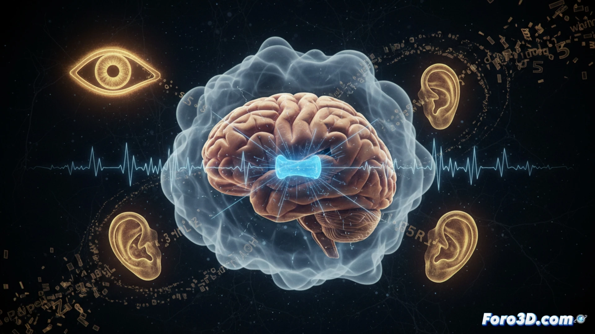 Ilustración del hipocampo brillando en rojo dentro de un cerebro semitransparente, con ondas sonoras azules entrando mientras una figura dormida yace bajo anestesia.